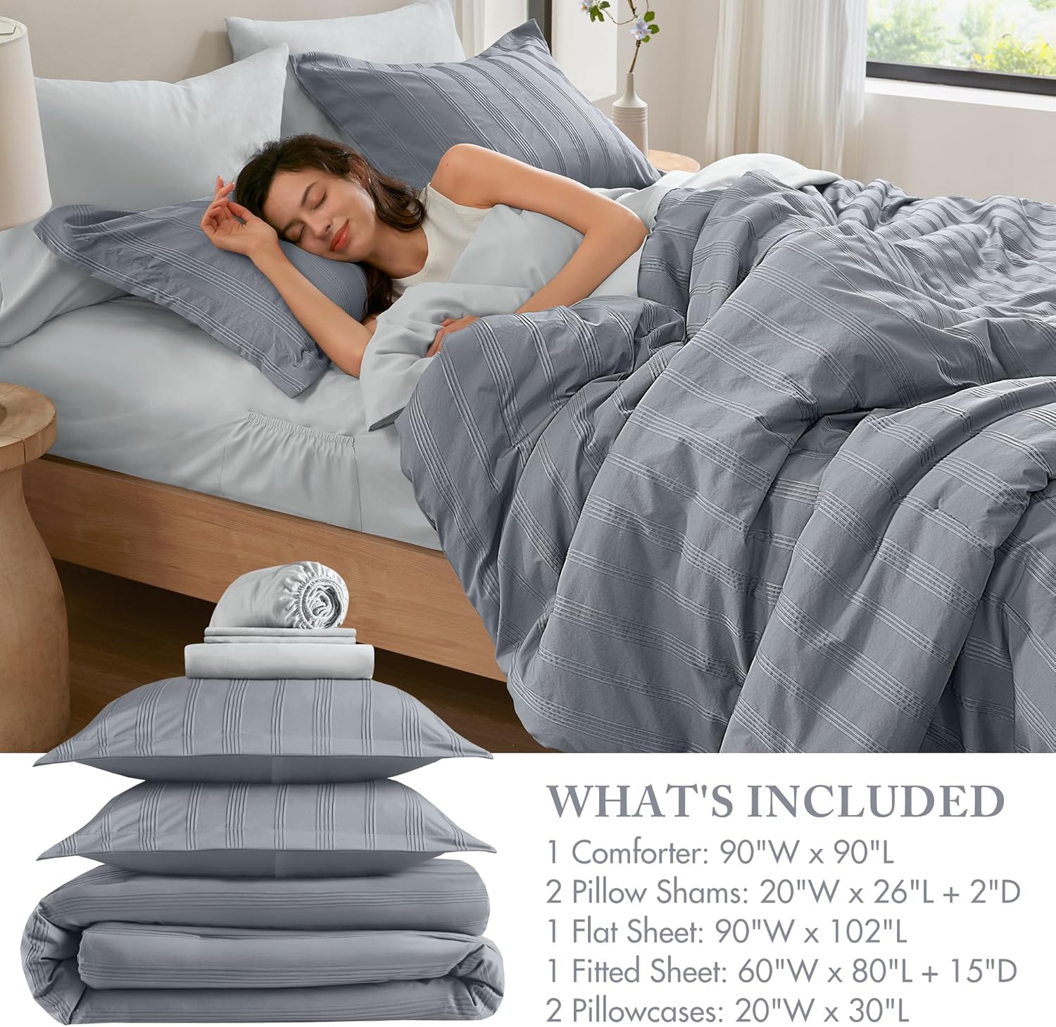 Queen Striped Comforter Set - 7 Piece Bed in a Bag
