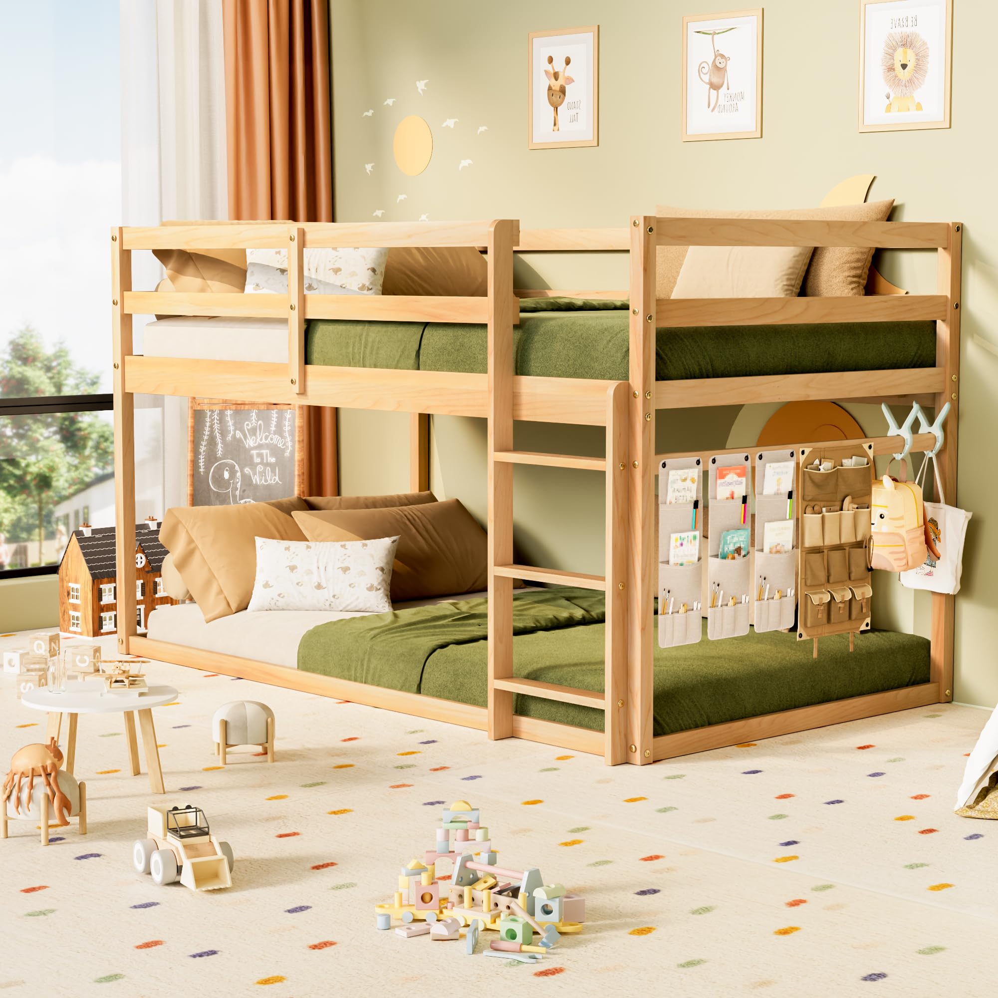 Low Bunk Bed Twin Over Twin with Ladder and Guardrails