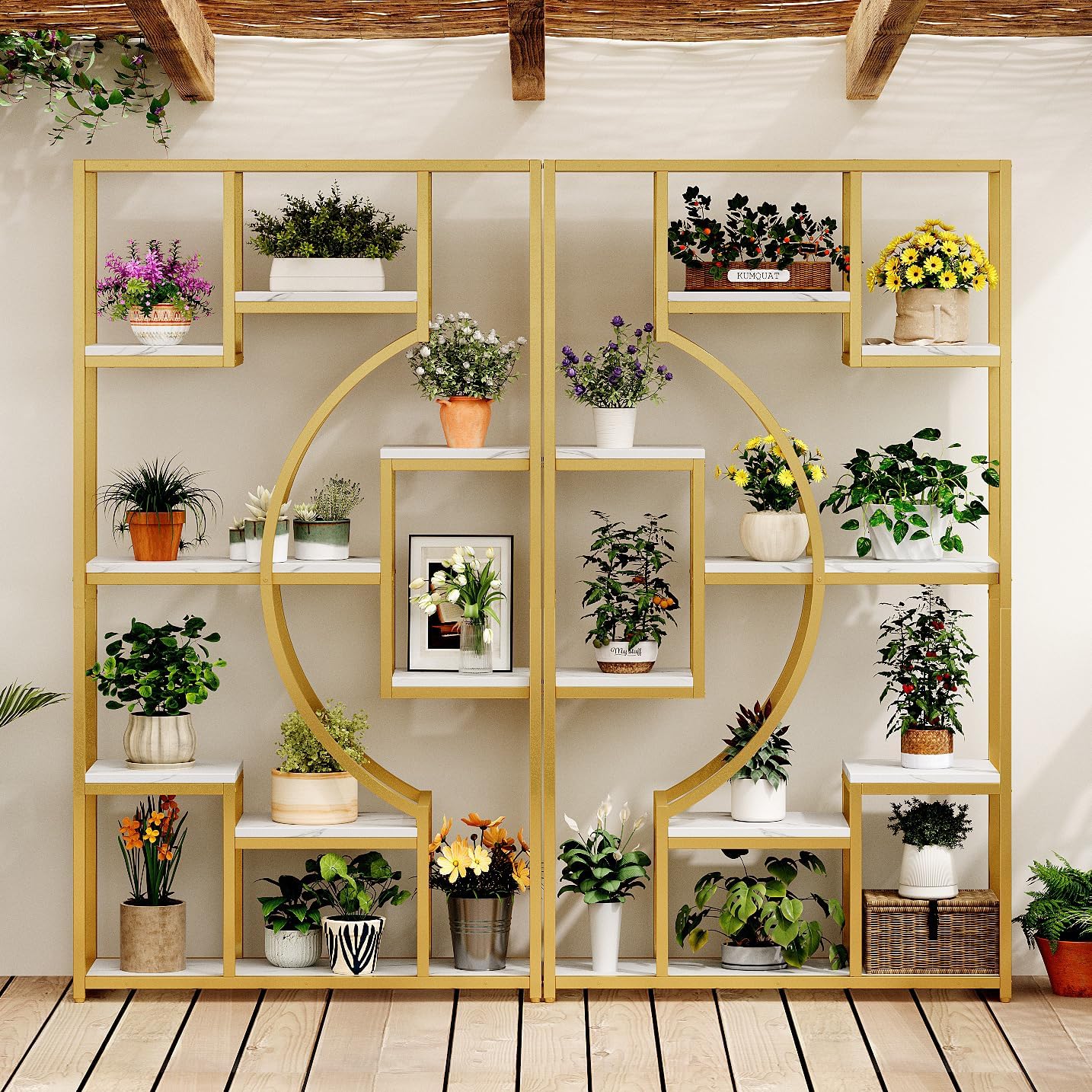 White and Gold Bookshelf Set of 2 - 5 Tier Geometric Bookcase with Metal Frame