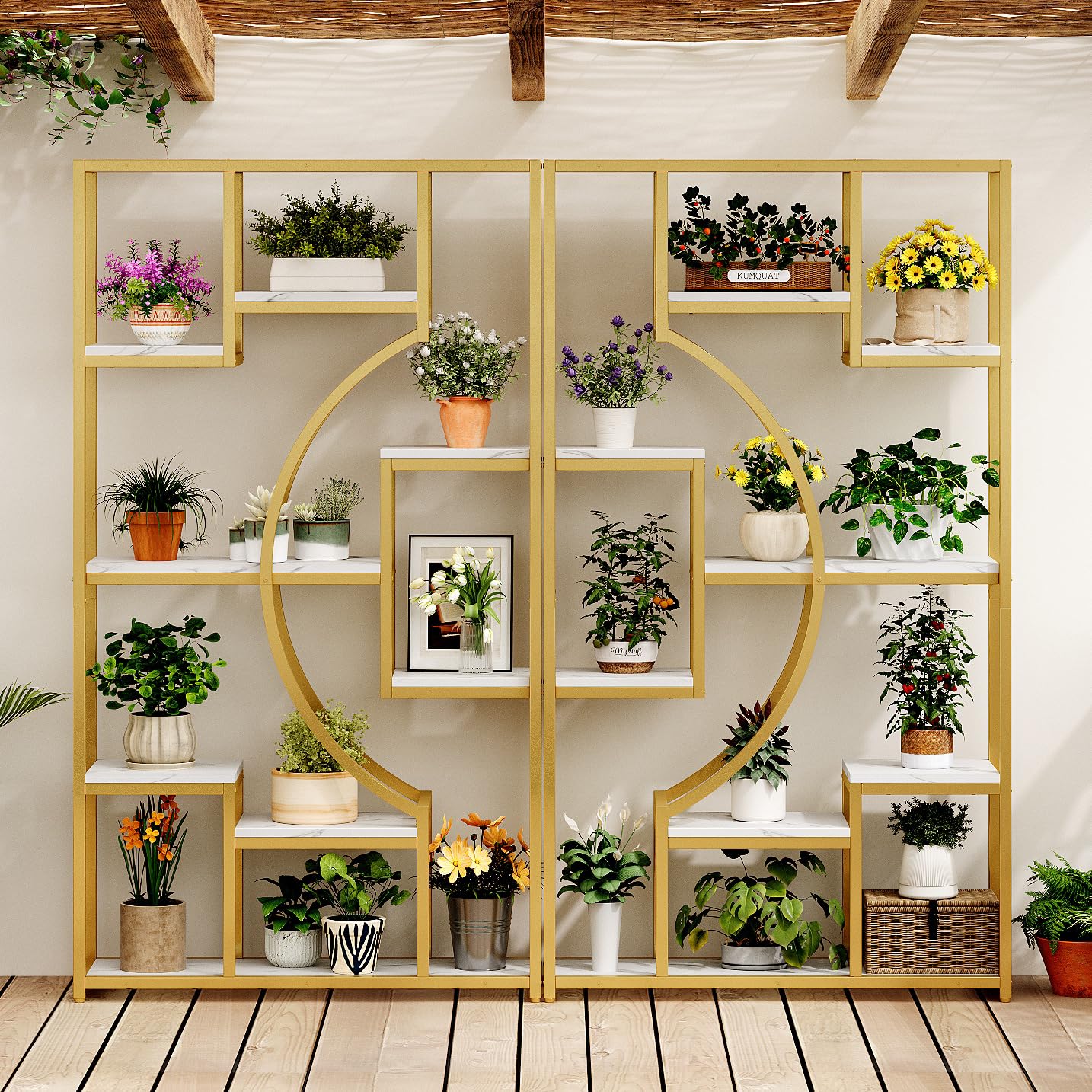 White and Gold Bookshelf Set of 2 - 5 Tier Geometric Bookcase with Metal Frame