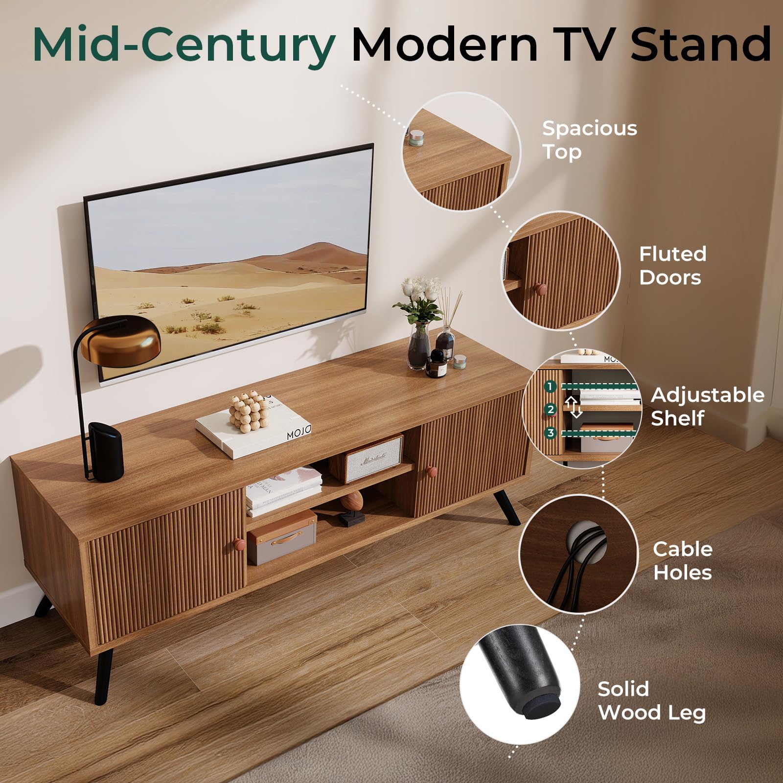 Mid-Century Modern TV Stand 53" Mocha