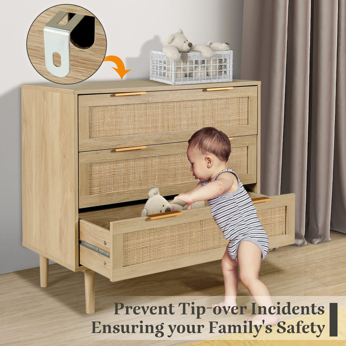 3 Drawer Rattan Dresser with Wood Oak Storage