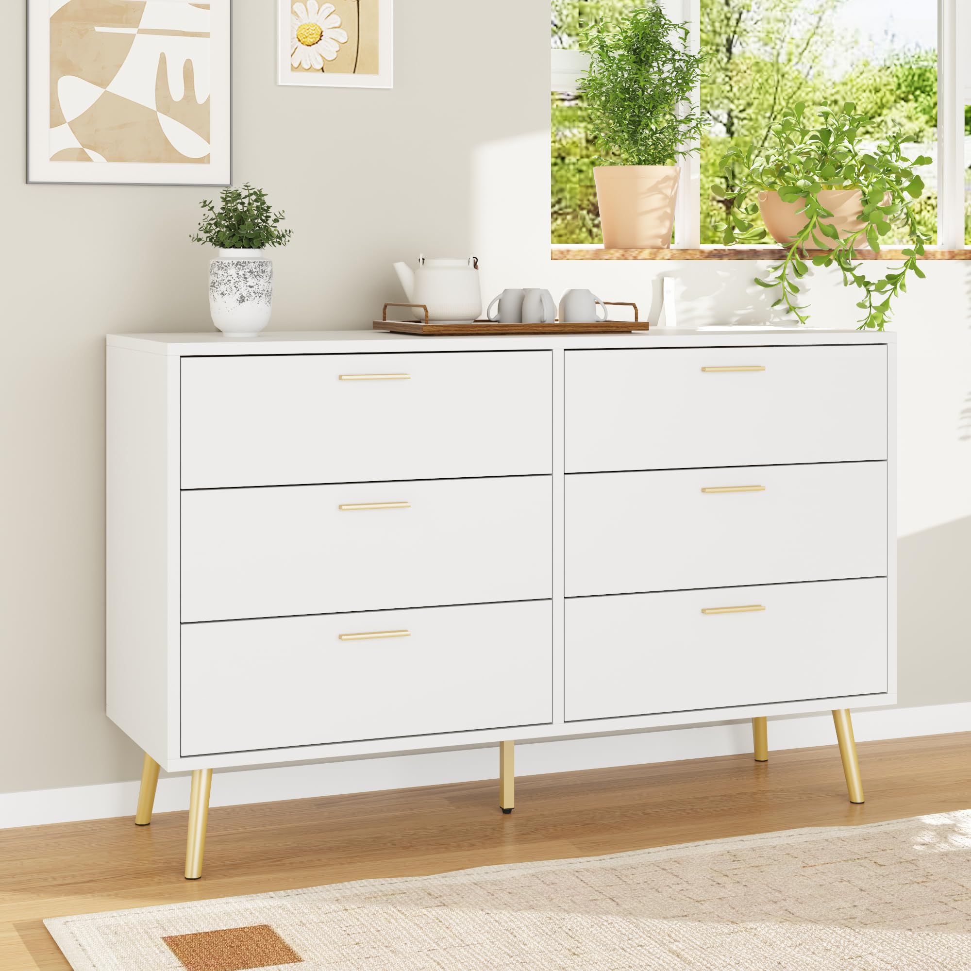 6 Drawer White Dresser with Gold Metal Handles