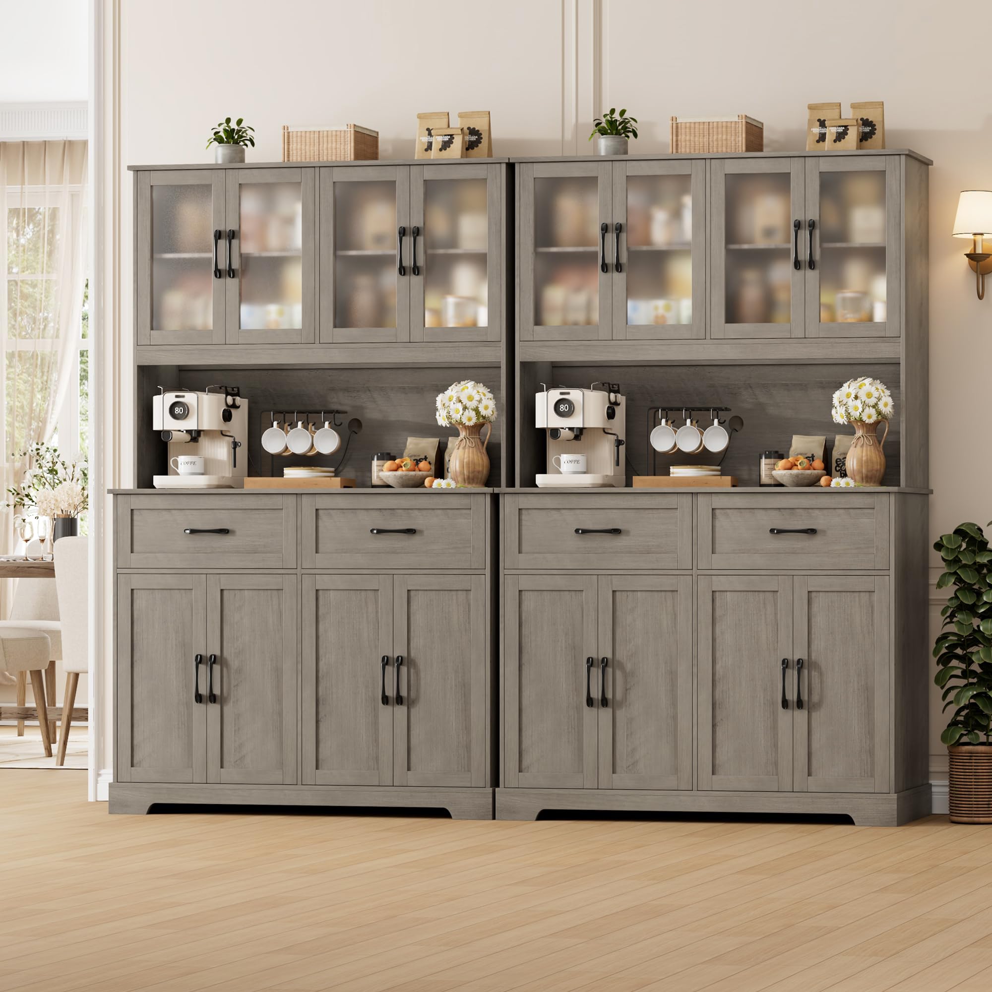 71" Farmhouse Kitchen Pantry Cabinet with Microwave Stand