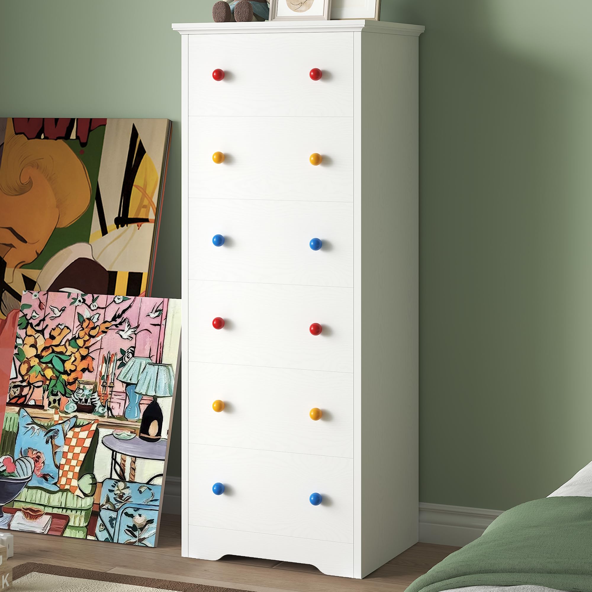 6 Drawer Tall Dresser with Colorful Handles