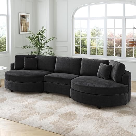 129-Inch Curved Chenille Sofa with Throw Pillows