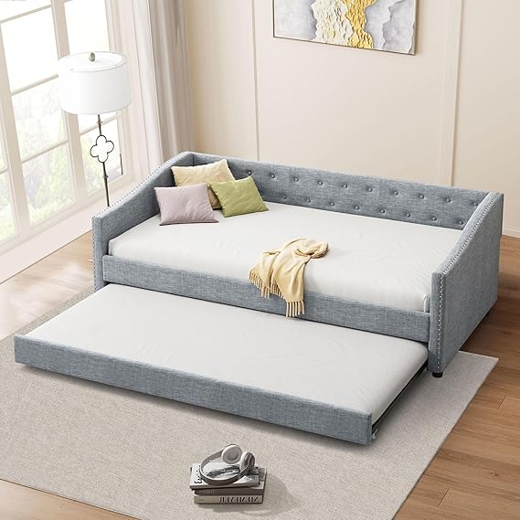 Twin Size Daybed with Two Drawers and Linen Upholstered Frame