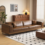 Brown Leather Sofa 3-Seater with Wood Frame
