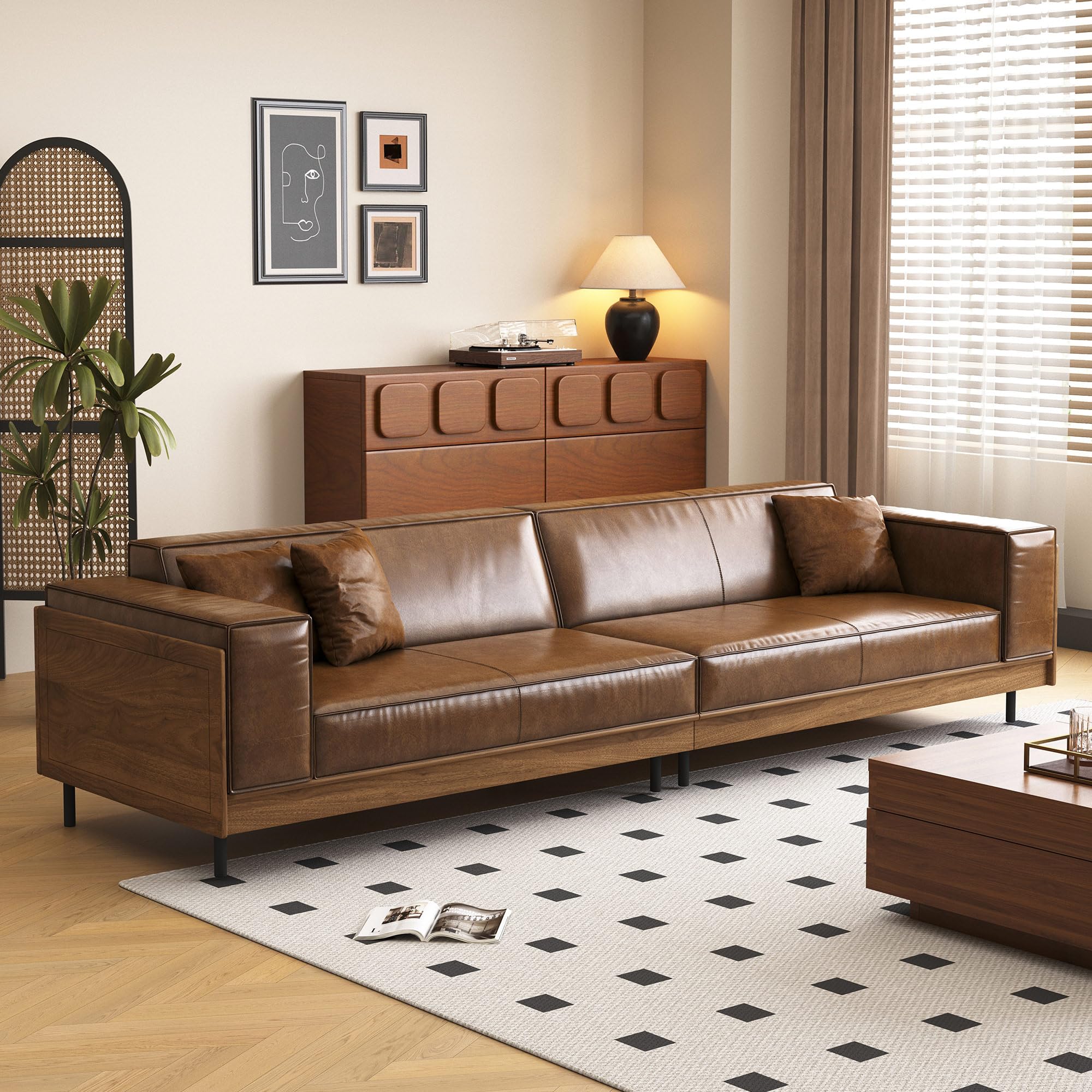 Brown Leather Sofa 3-Seater with Wood Frame