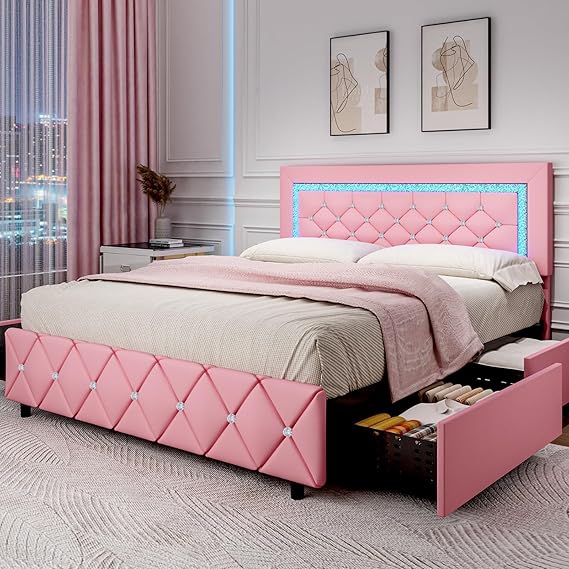 Queen LED Bed Frame with Storage Drawers