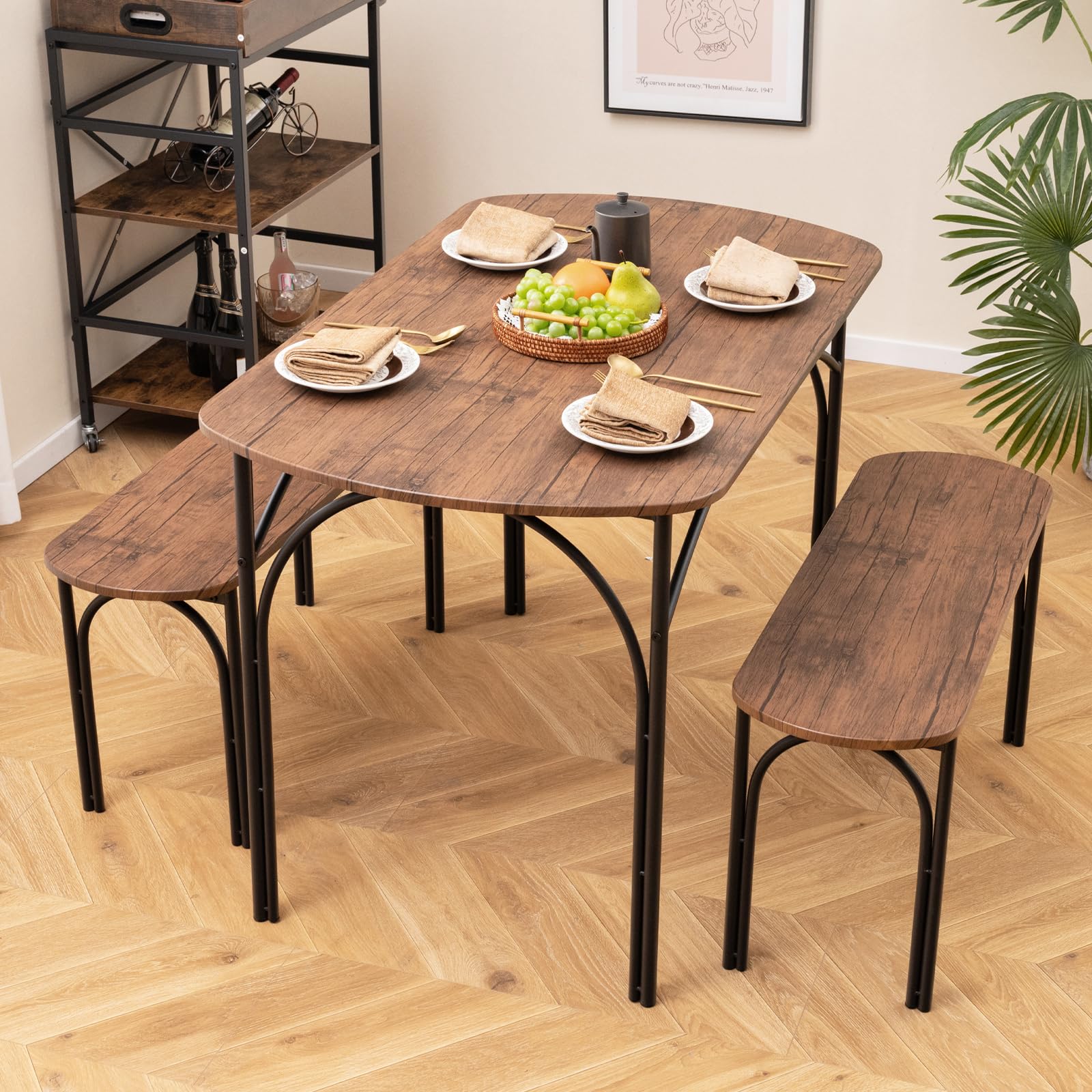 3-Piece Dining Table Set with 2 Benches