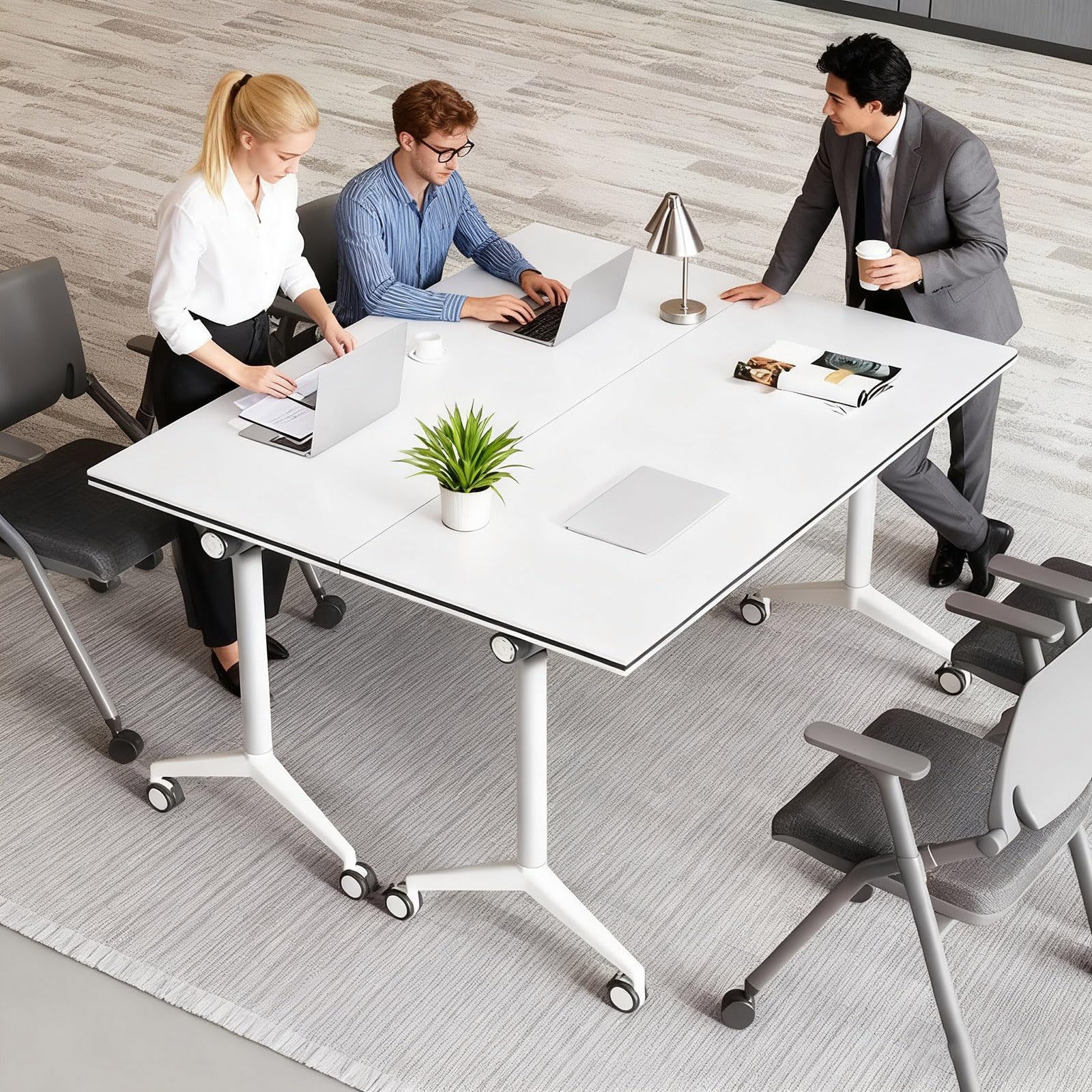 White Folding Conference Table with Flip-Top Design and Silent Wheels