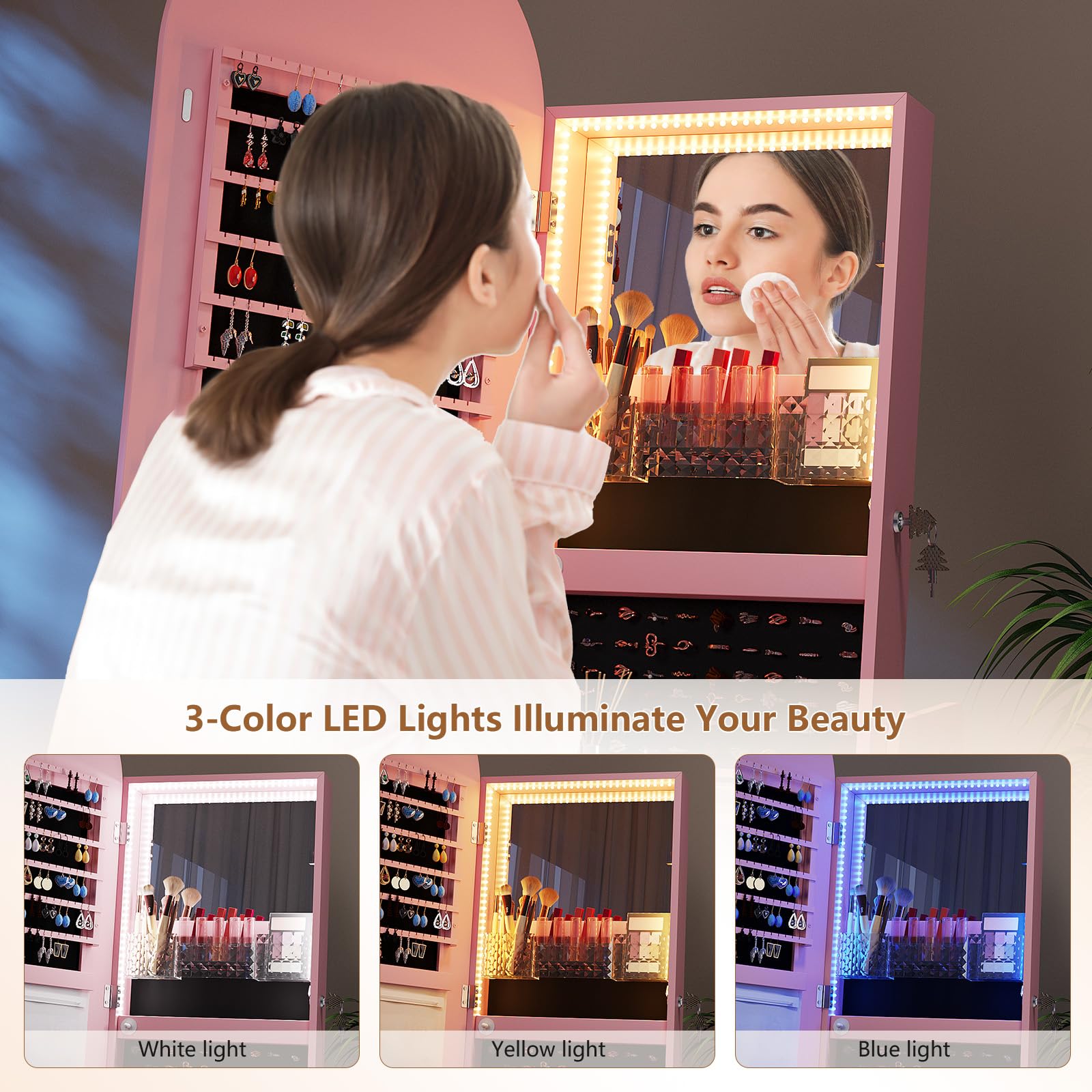 360° Swivel Jewelry Cabinet with Full Length Mirror and LED Lights