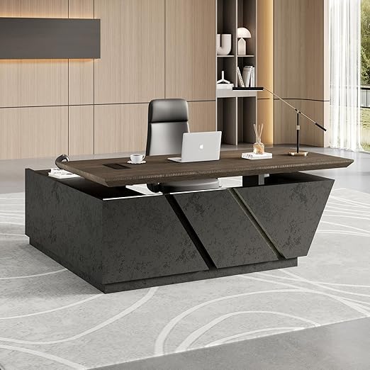 Adjustable Executive L-Shaped Desk with Drawers and LED Light