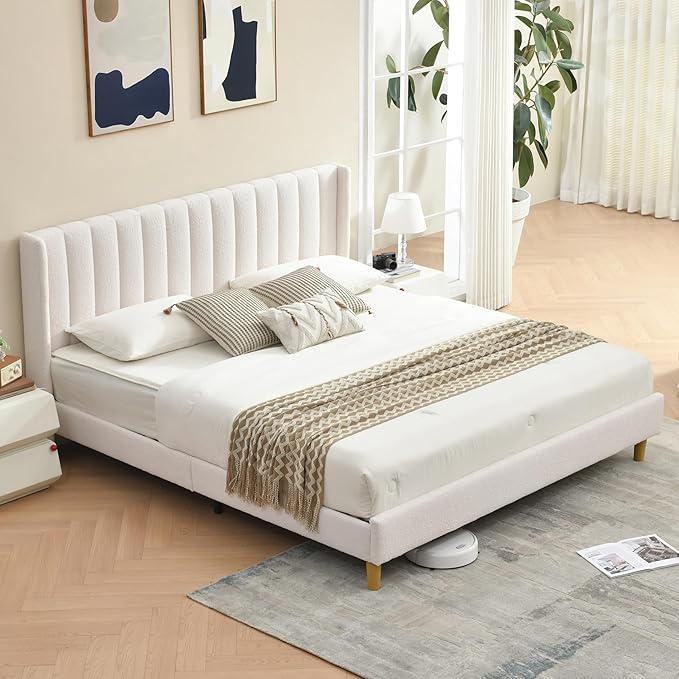 Pink Full Size Upholstered Platform Bed Frame with Wingback Headboard