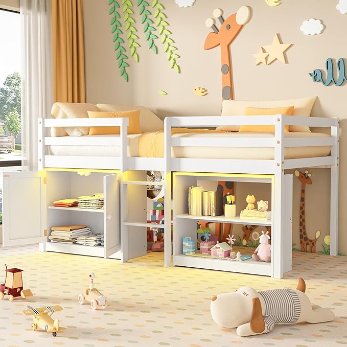 Twin Loft Bed with Lights and Storage Bookcase