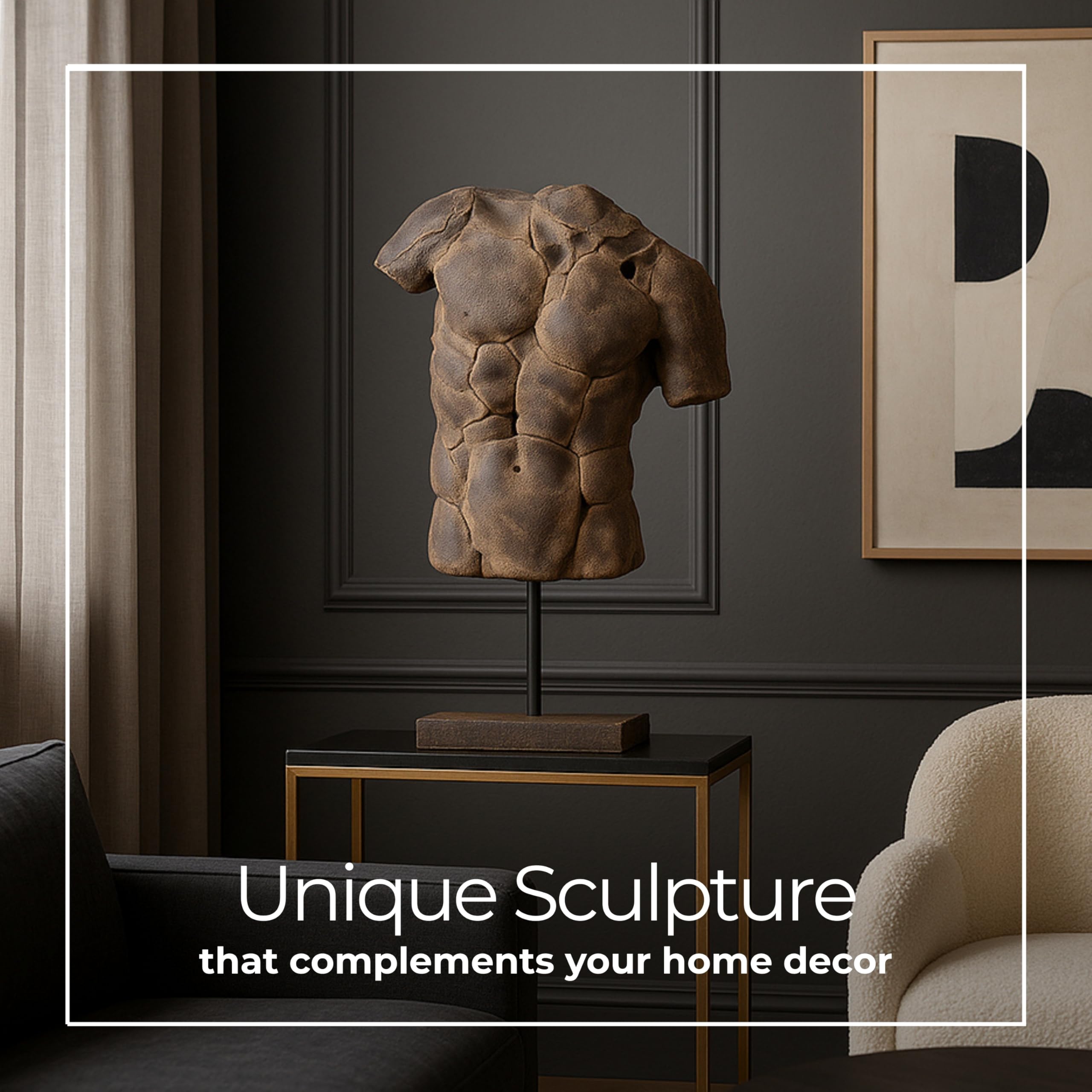 Cracked Male Torso Sculpture with Textured Black Finish