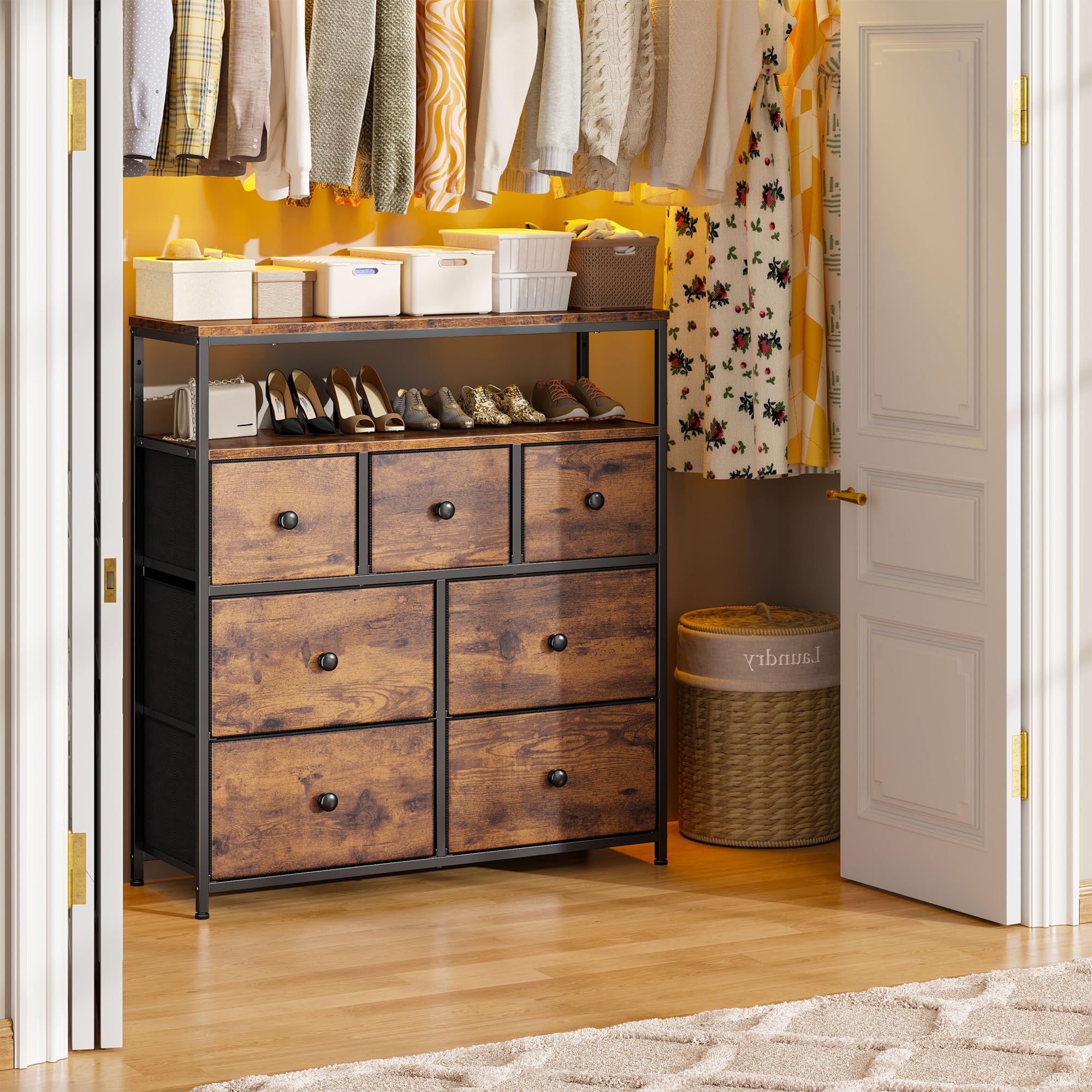 TV Stand with 7 Fabric Drawers and 2 Open Shelves