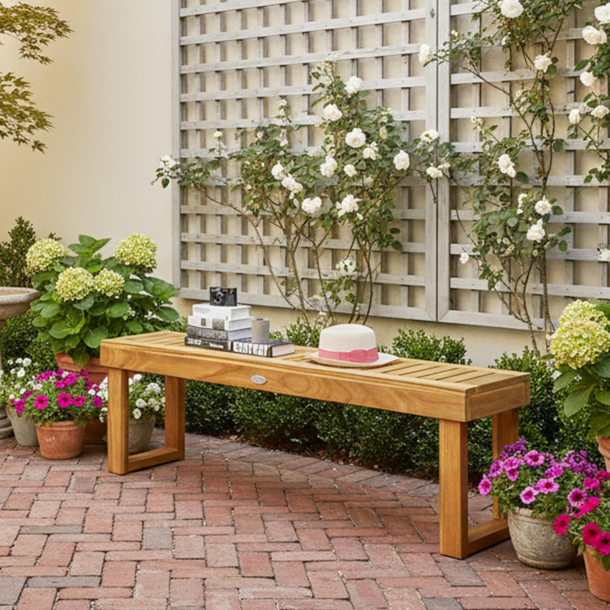 52" Acacia Wood Outdoor Bench with Slatted Seat
