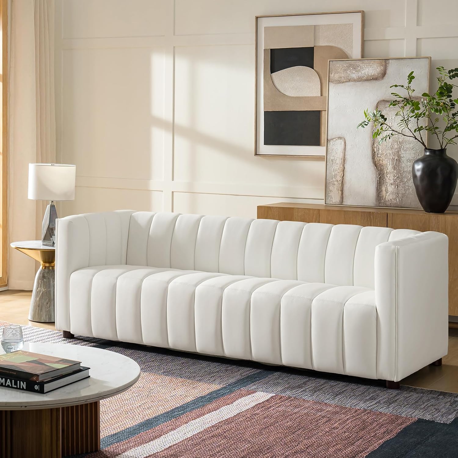 83" Genuine Leather Channel Tufted Sofa