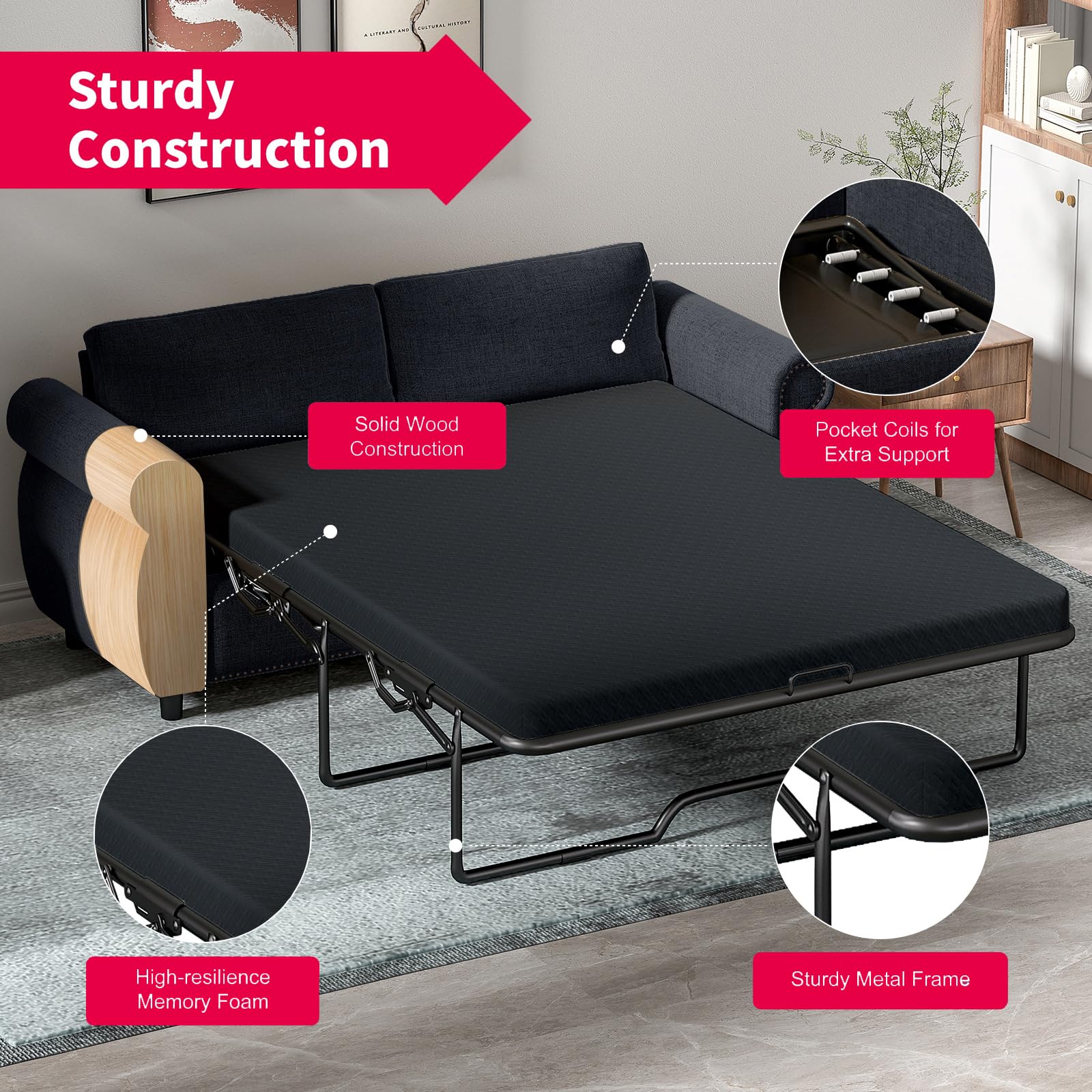 Convertible Sleeper Sofa Bed with Memory Foam Mattress