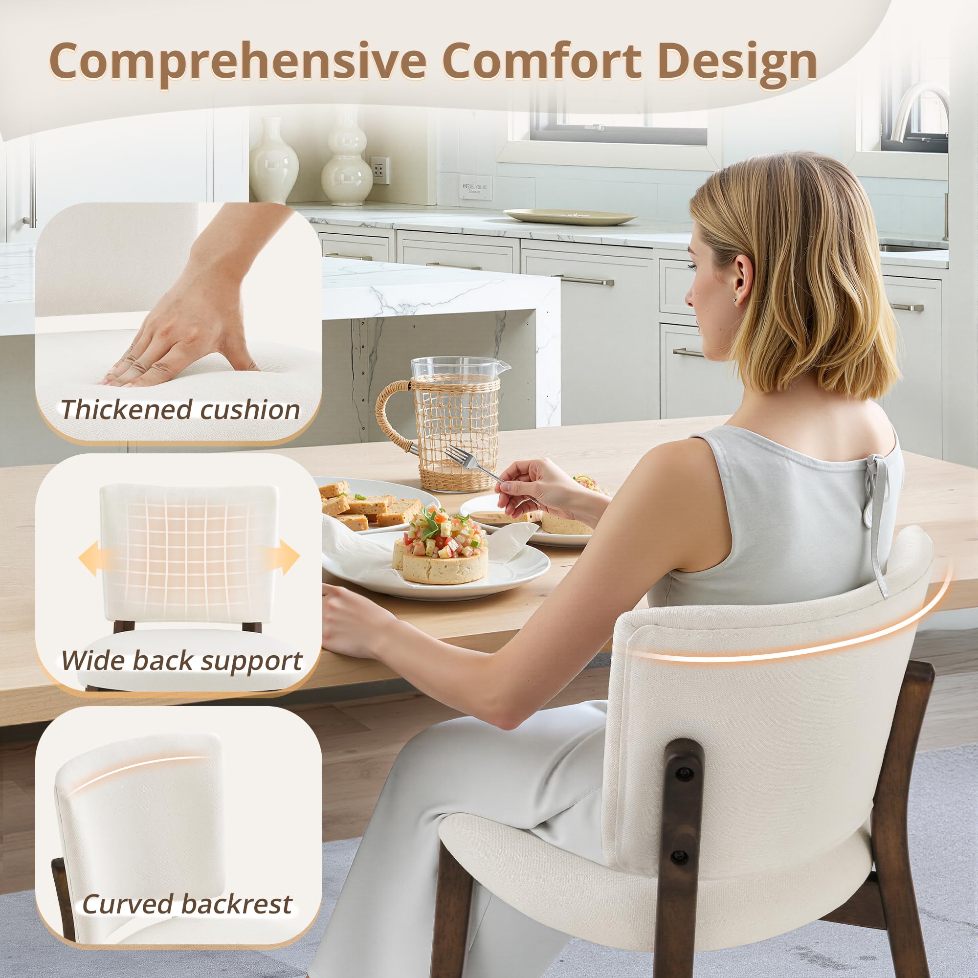 Wooden Dining Chairs Set of 4 - Beige Upholstered Wide Back