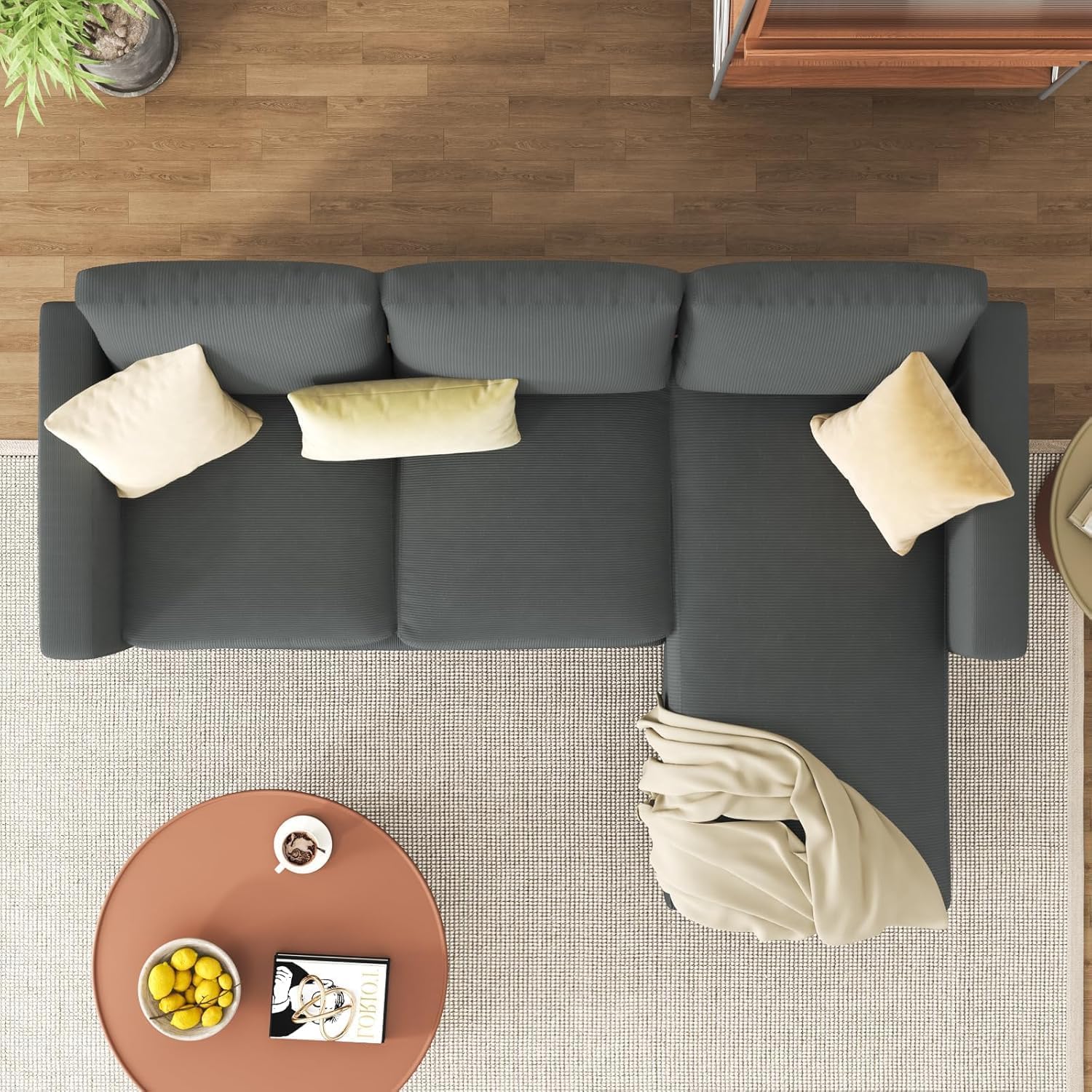 3-Seat Convertible L-Shaped Sectional Sofa with Reversible Ottoman