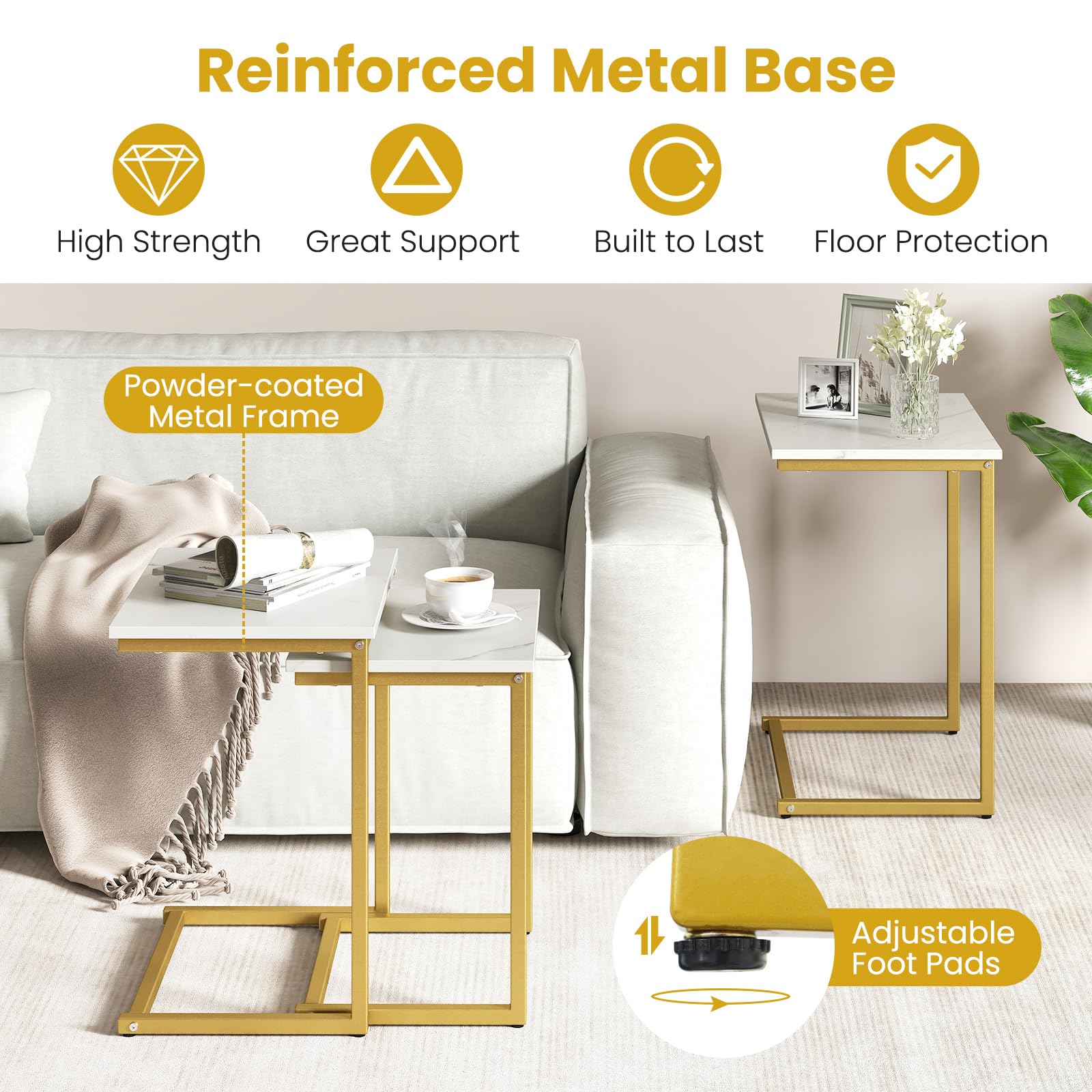 GOFLAME Nesting Coffee Tables Set of 3, Rectangular Nesting Center Table with Faux Marble Top & Metal Frame, Modern C-Shaped Nested Side Table Set for Living Room, Gold & White