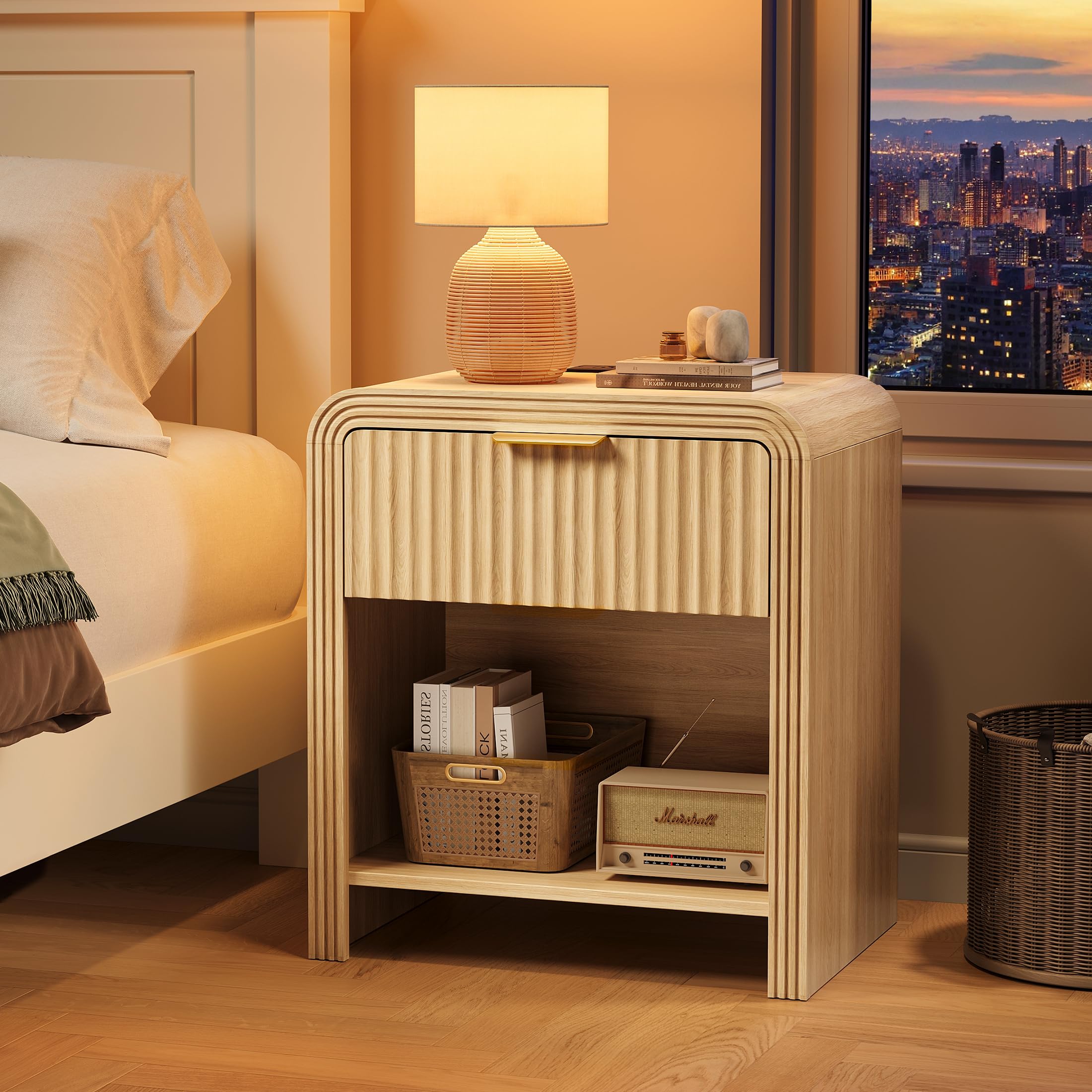 Fluted Nightstand with Charging Station