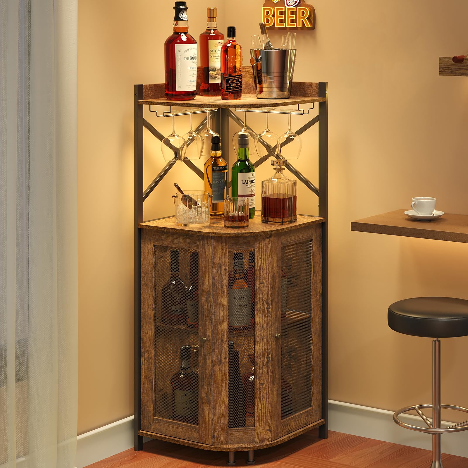 Corner Wine Bar Cabinet with LED Lights