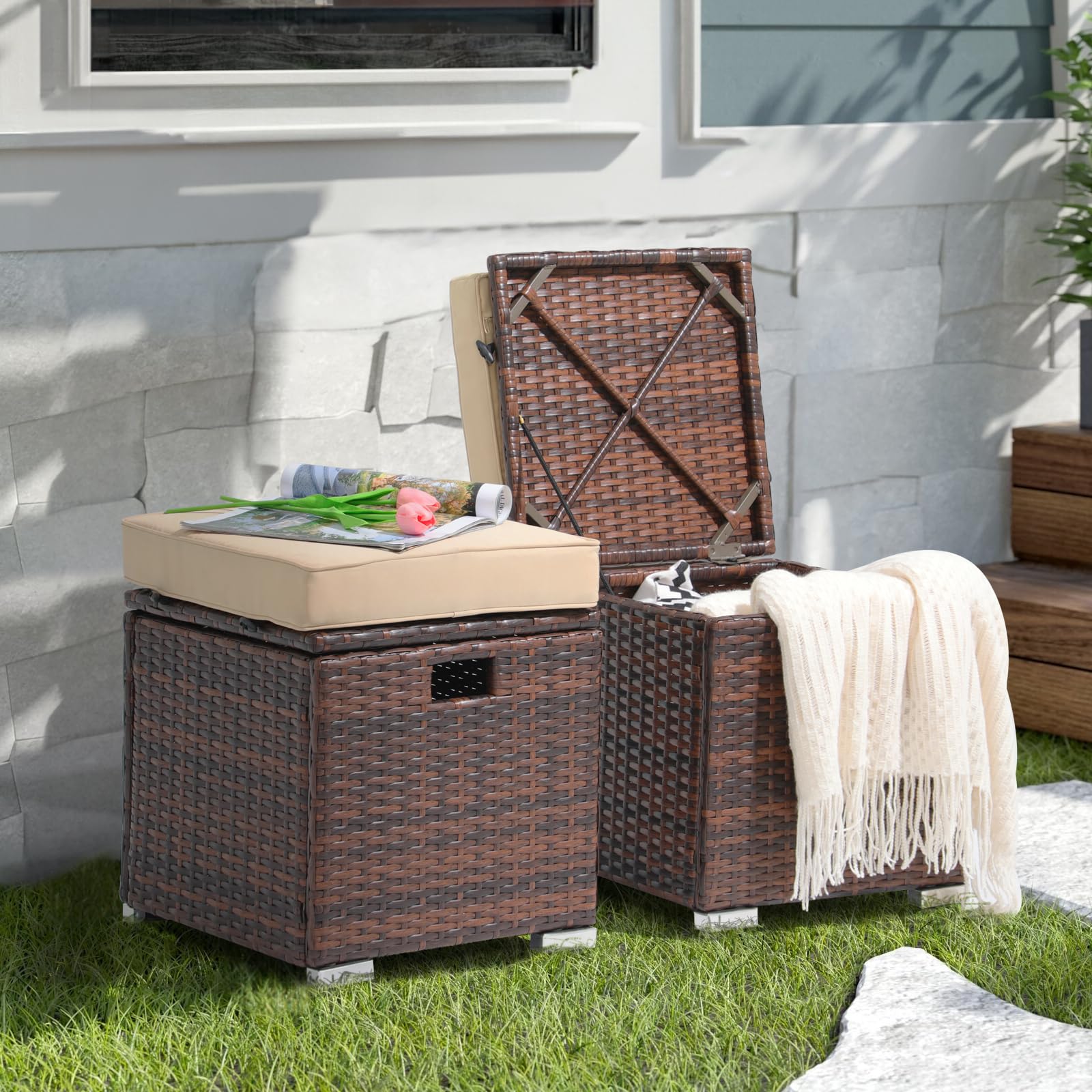 2-Piece Outdoor Patio Storage Ottoman Set - Beige Rattan Wicker