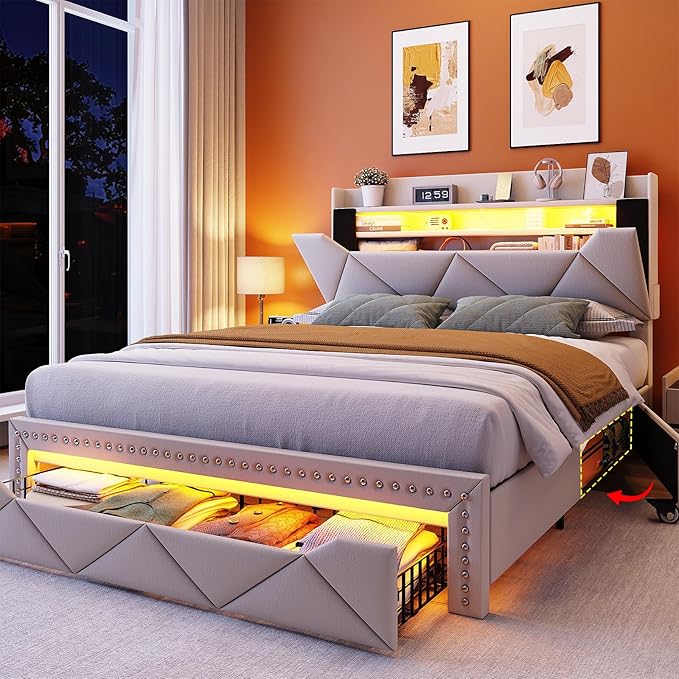 Queen Size Storage Bed with LED Lights