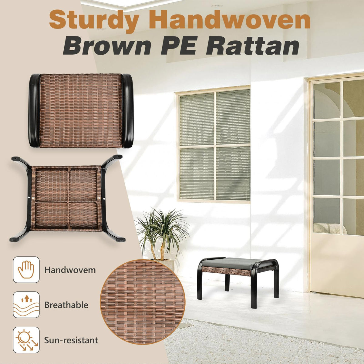 Outdoor Rattan Footstool Ottoman with Cushion