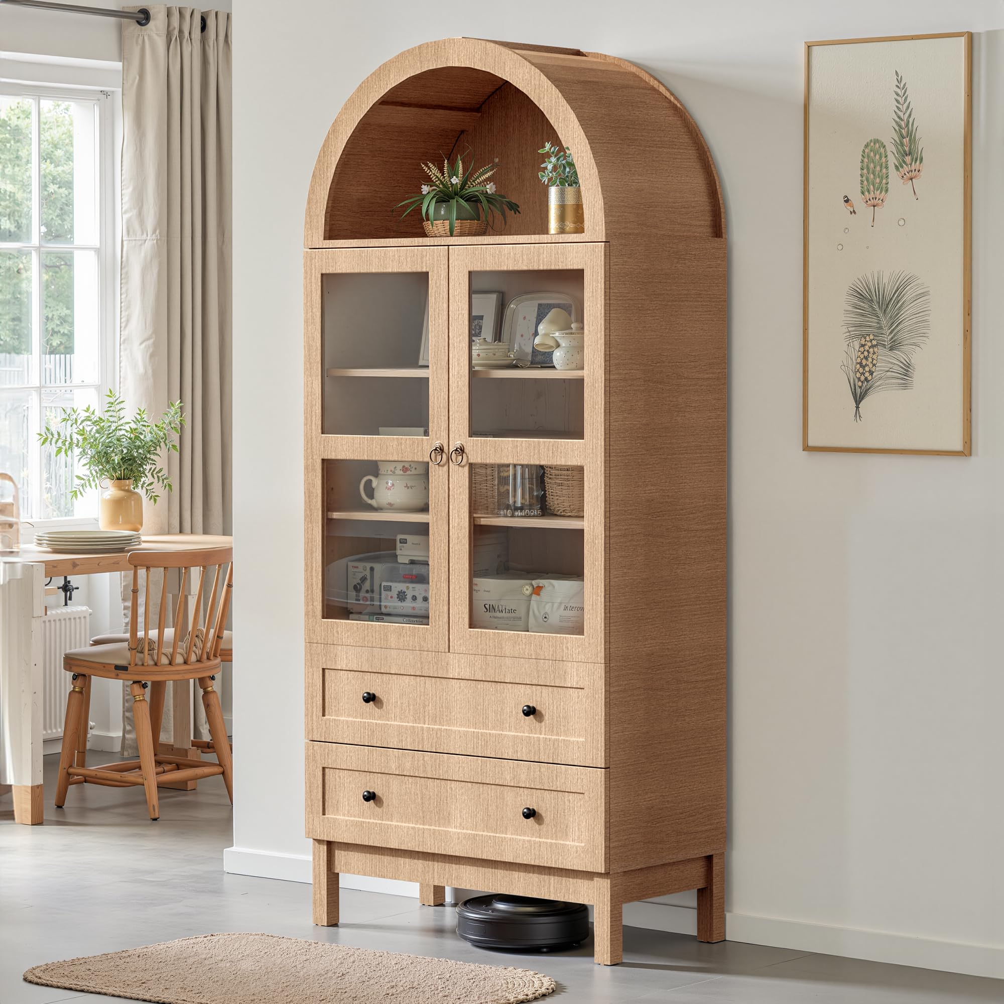 Arched Kitchen Pantry Cabinet with Glass Doors