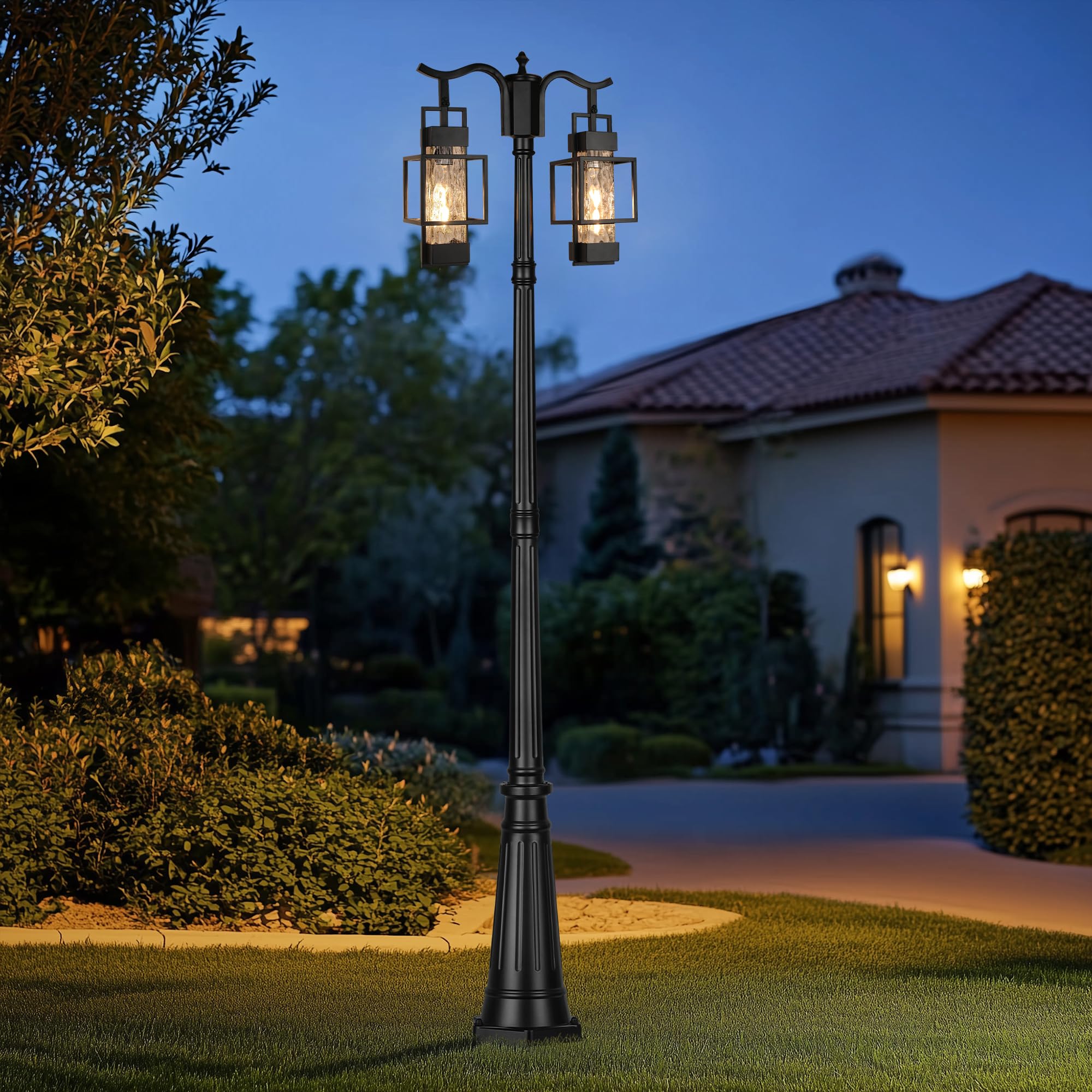Modern Outdoor Lamp Post Light 2-Head with Water Glass Shade