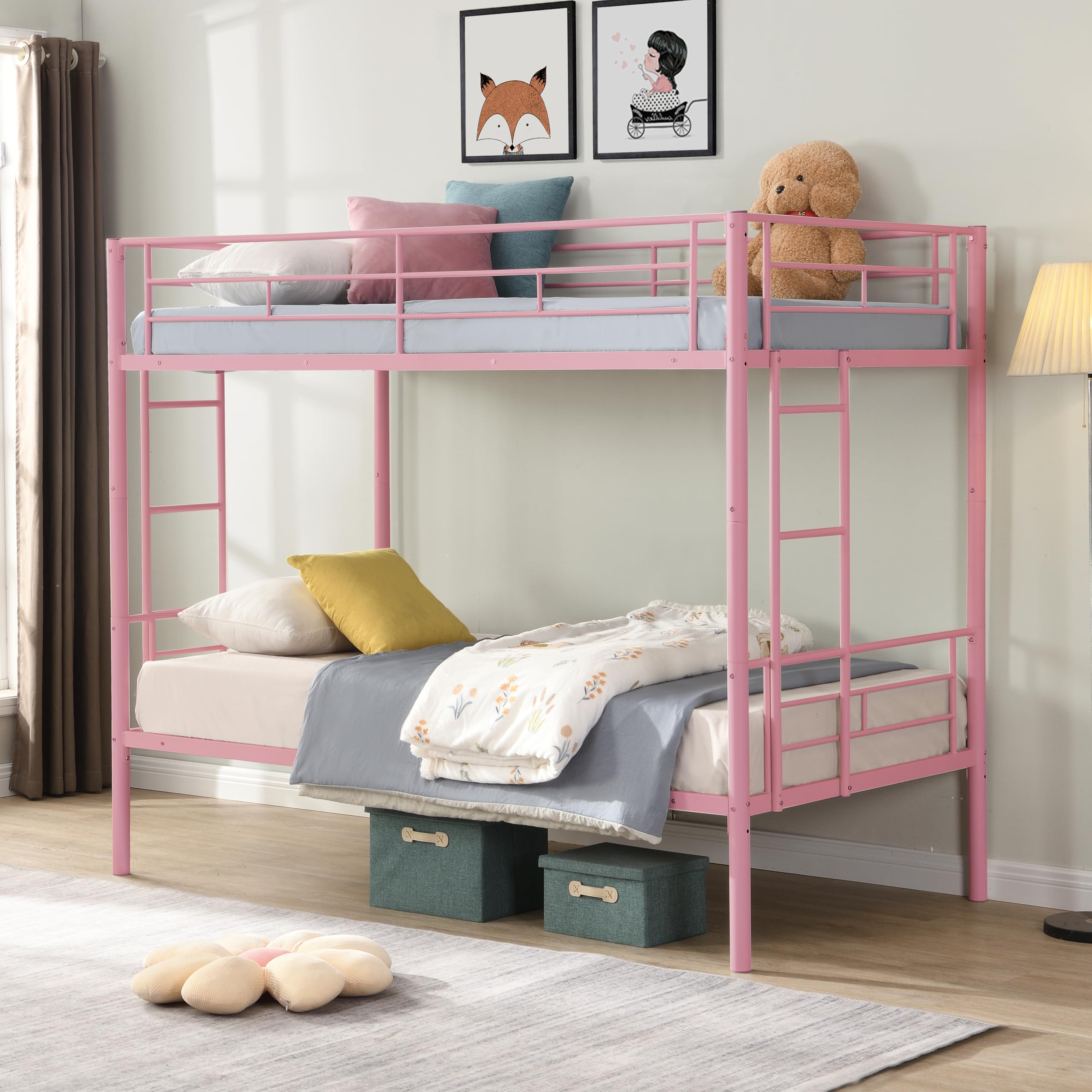 Twin Over Twin Metal Bunk Bed with Ladder and Guardrail - Pink