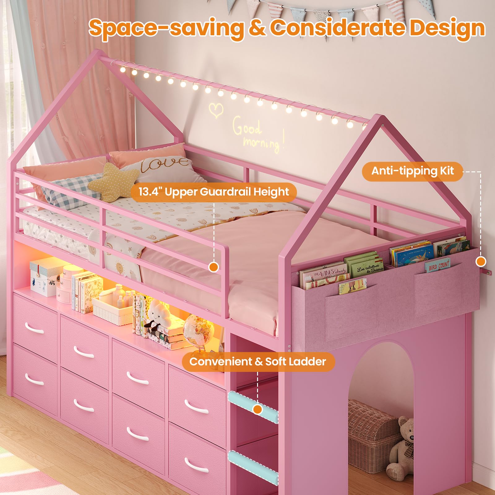BTHFST Twin Size Loft Bed for Kids, 8 Storage Drawers & LED Lights, House Shaped Metal Bed with Bookcase, Soft Foam Ladder, 13.4" Safety Guardrail, Space Saving, Fun Curtain