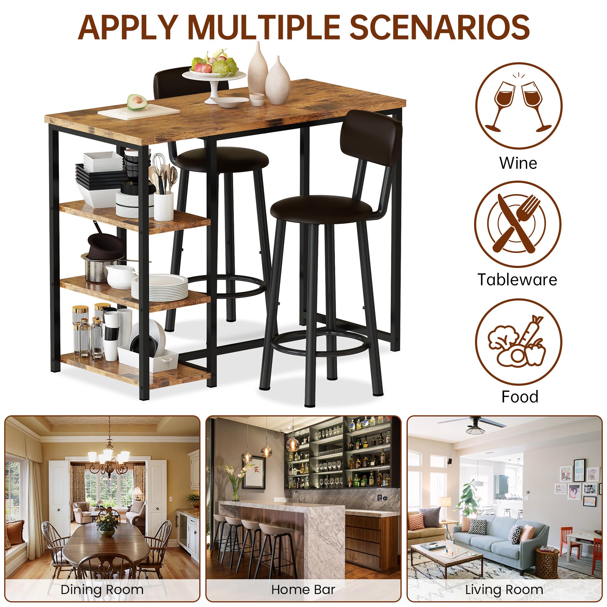 3-Piece Bar Table Set with Storage Shelves