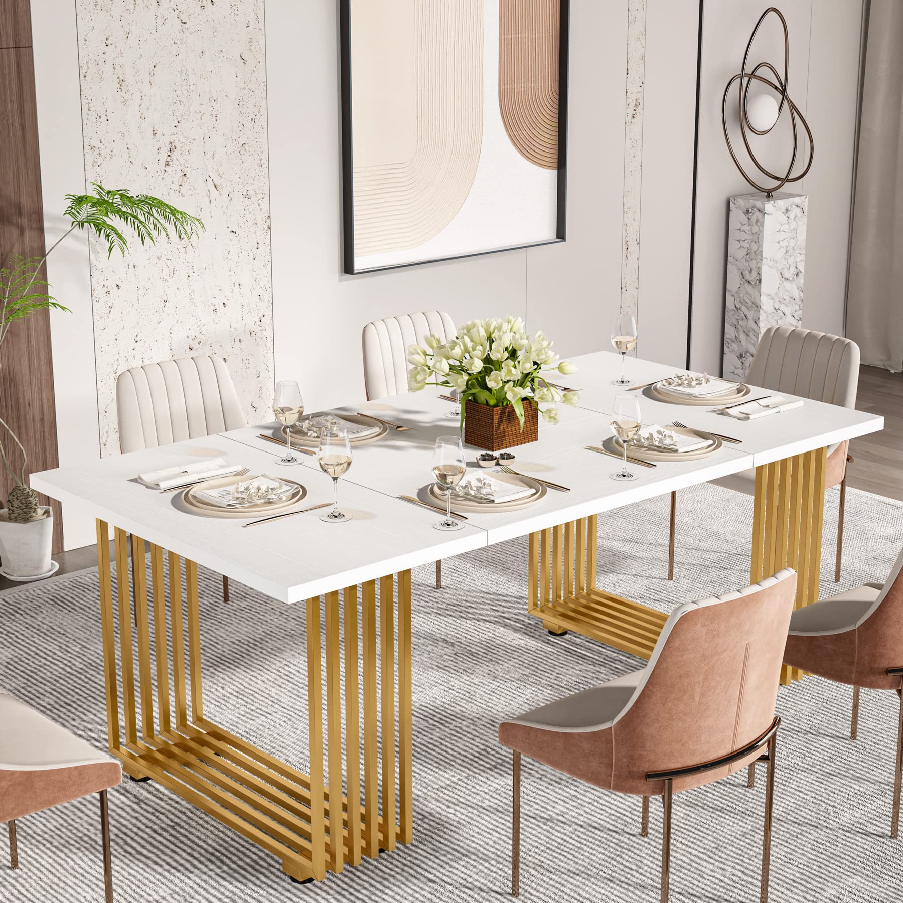 Modern Dining Table 70.8" White Gold Metal Legs