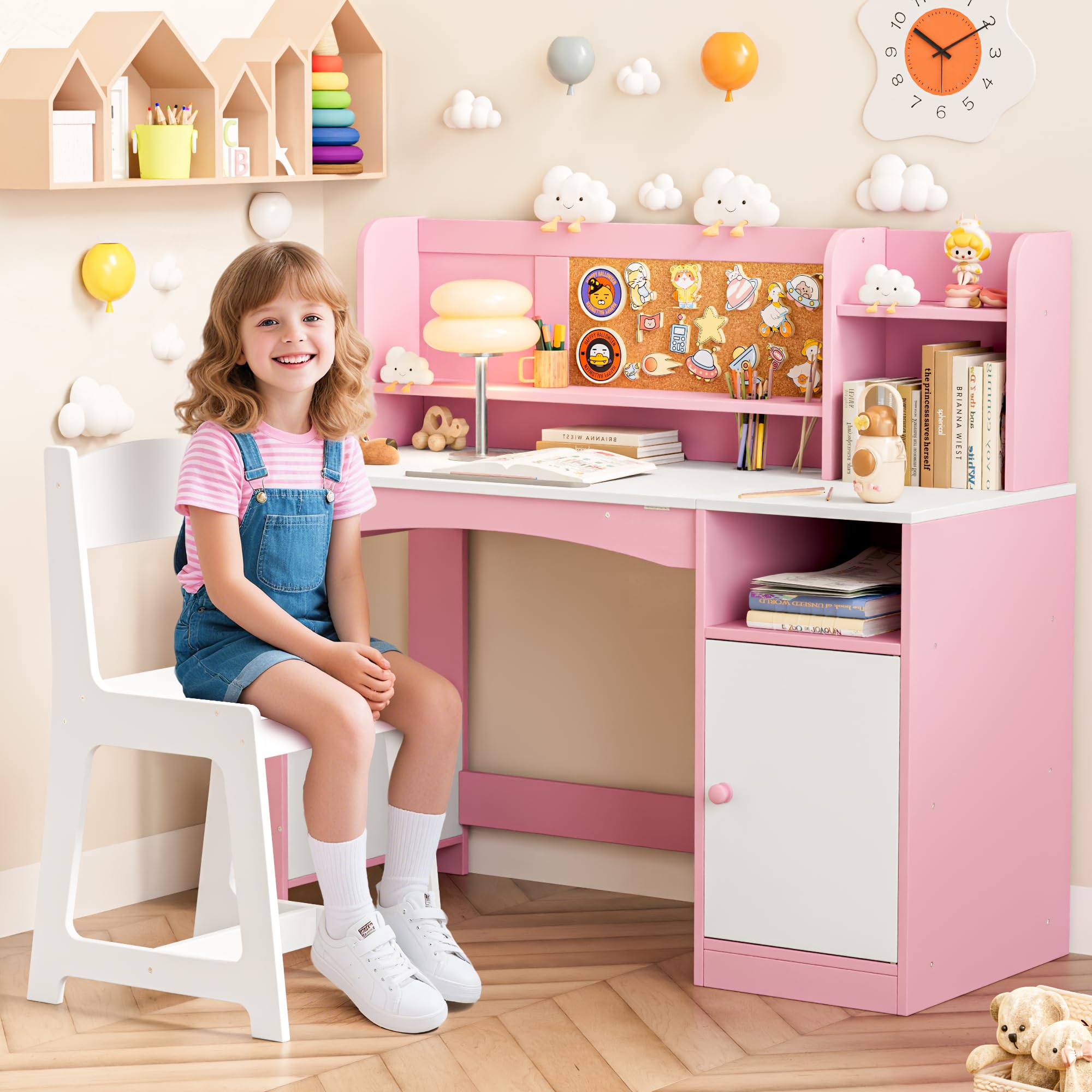 Betterhood Kids Study Desk and Chair Set, Kids Desks with Hutch Storage and Tiltable Desktop, Wooden Children Study Table for 5-12 Years Old Girls, Student Writing Desk for Bedroom (Pink)