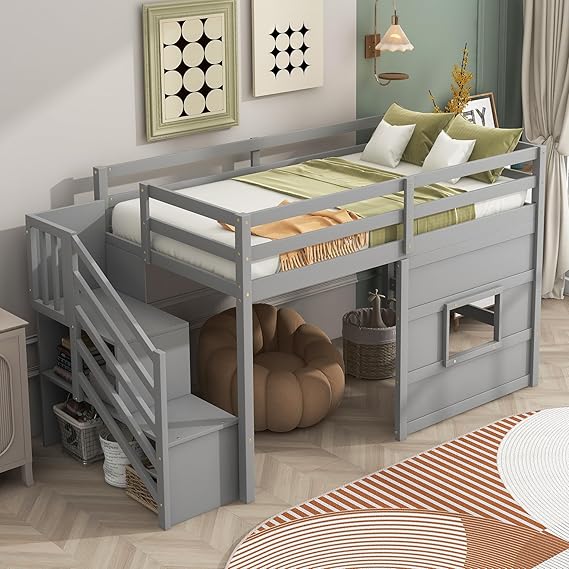 Twin Loft Bed with Storage Staircase and Underbed Space