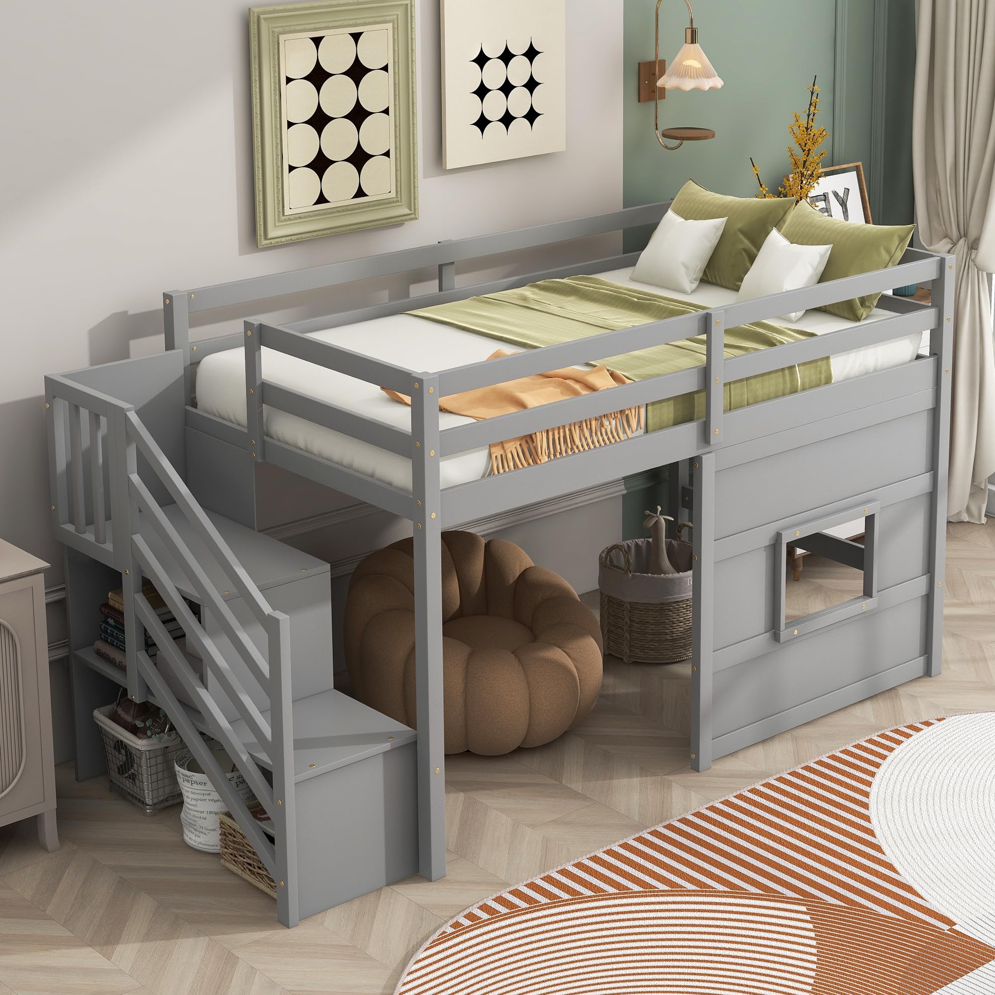 Twin Loft Bed with Storage Staircase and Underbed Space
