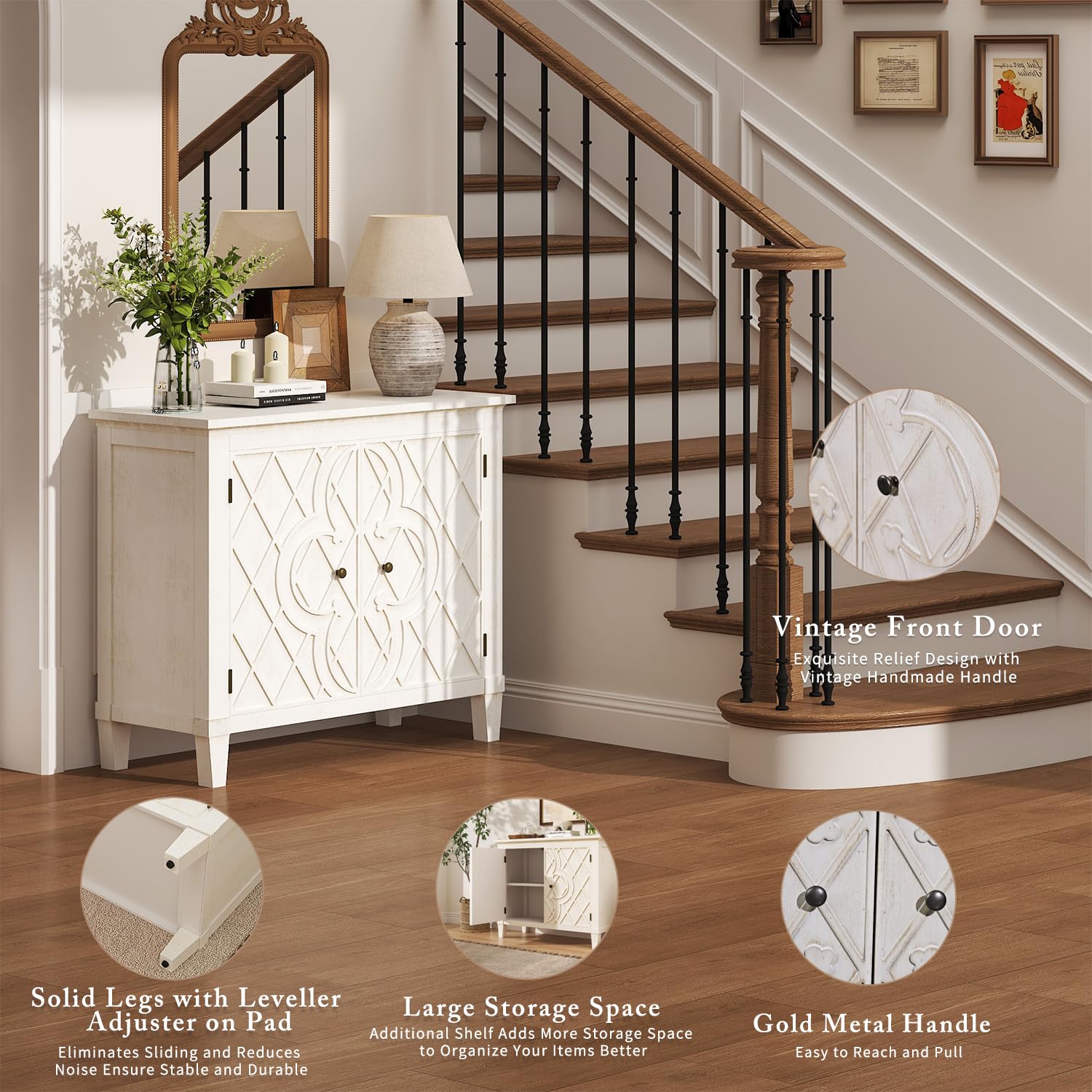 Distressed White Storage Cabinet with Carved Doors
