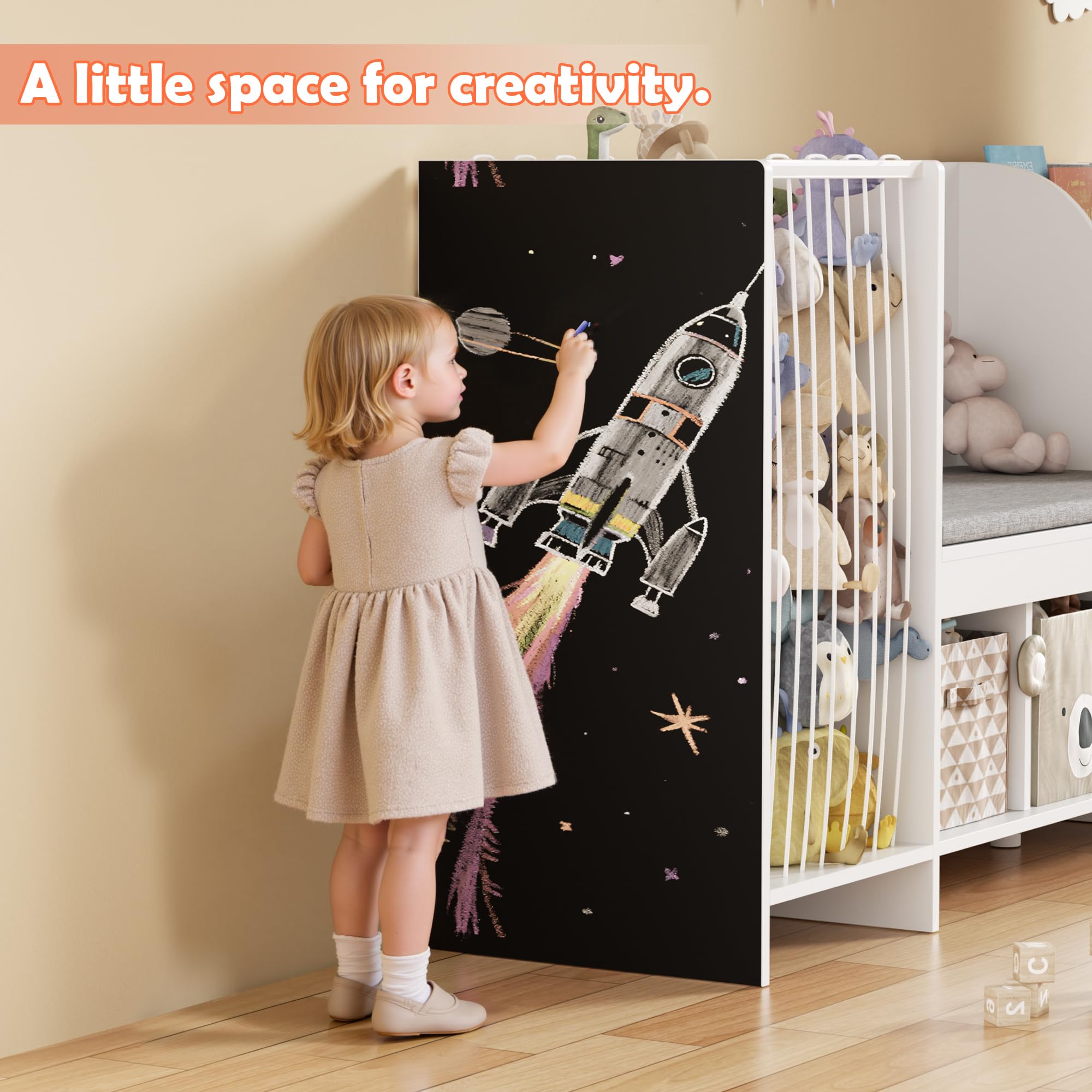 DTK Kids Reading Nook with Bench,Toy Storage Organizer with Stuffed Animals Holder,Kids Bookshelf with Seat Cushion,3 Storage Cubbies and Toy Box on Wheels for Playroom,Bedroom,Nursery,White