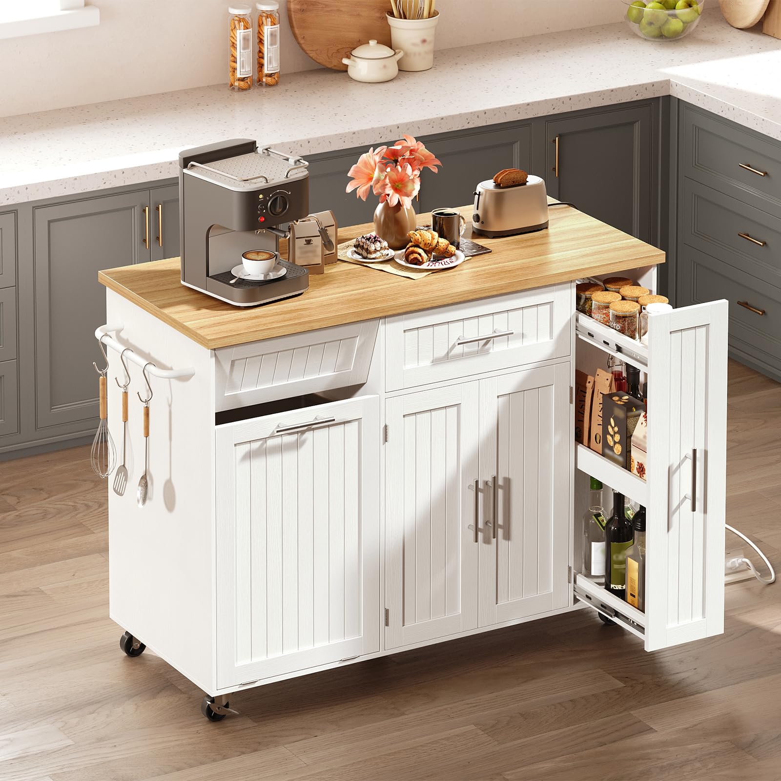 Rolling Kitchen Island Cart with Storage and Charging Station