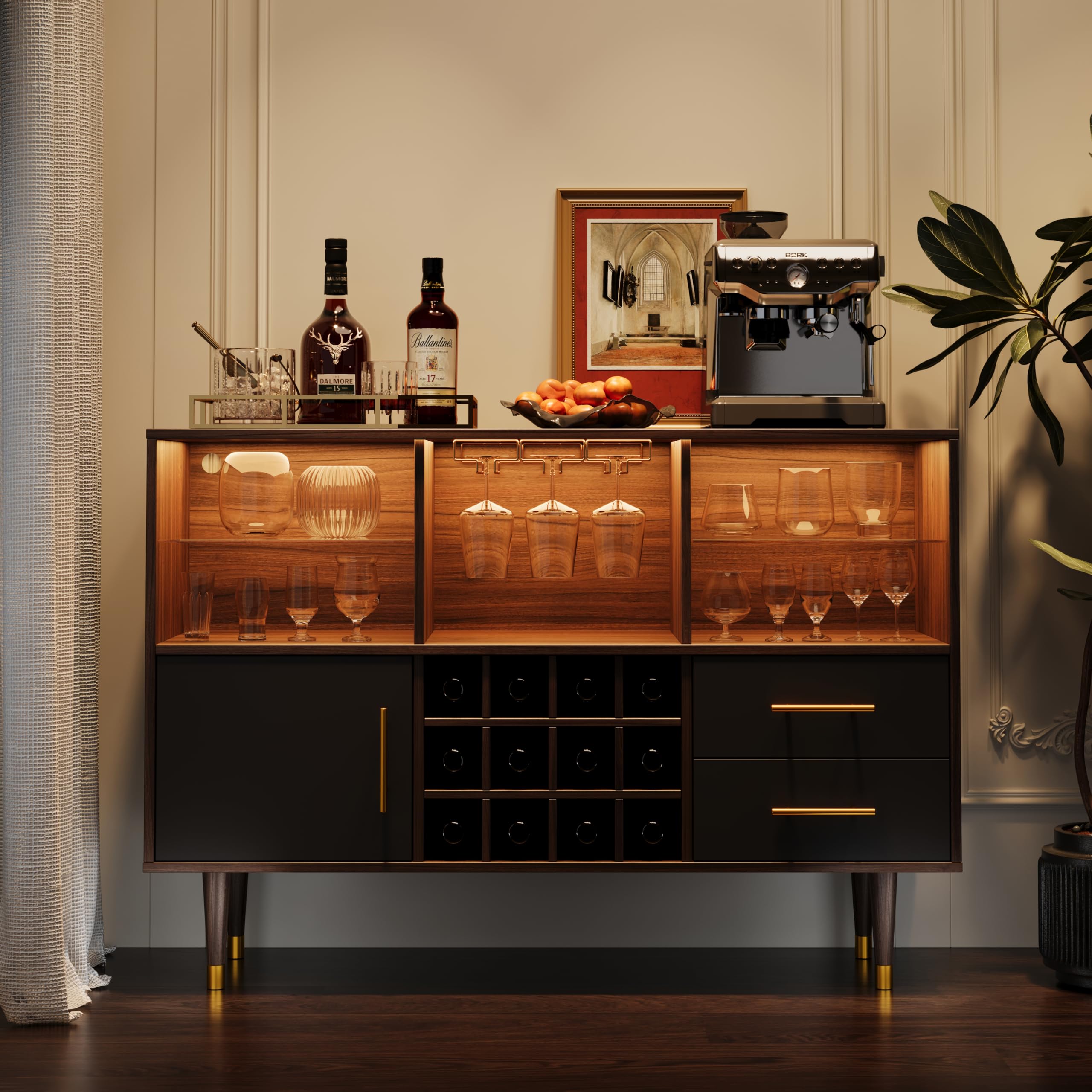 Walnut Bar Cabinet with LED Light and Charging Station
