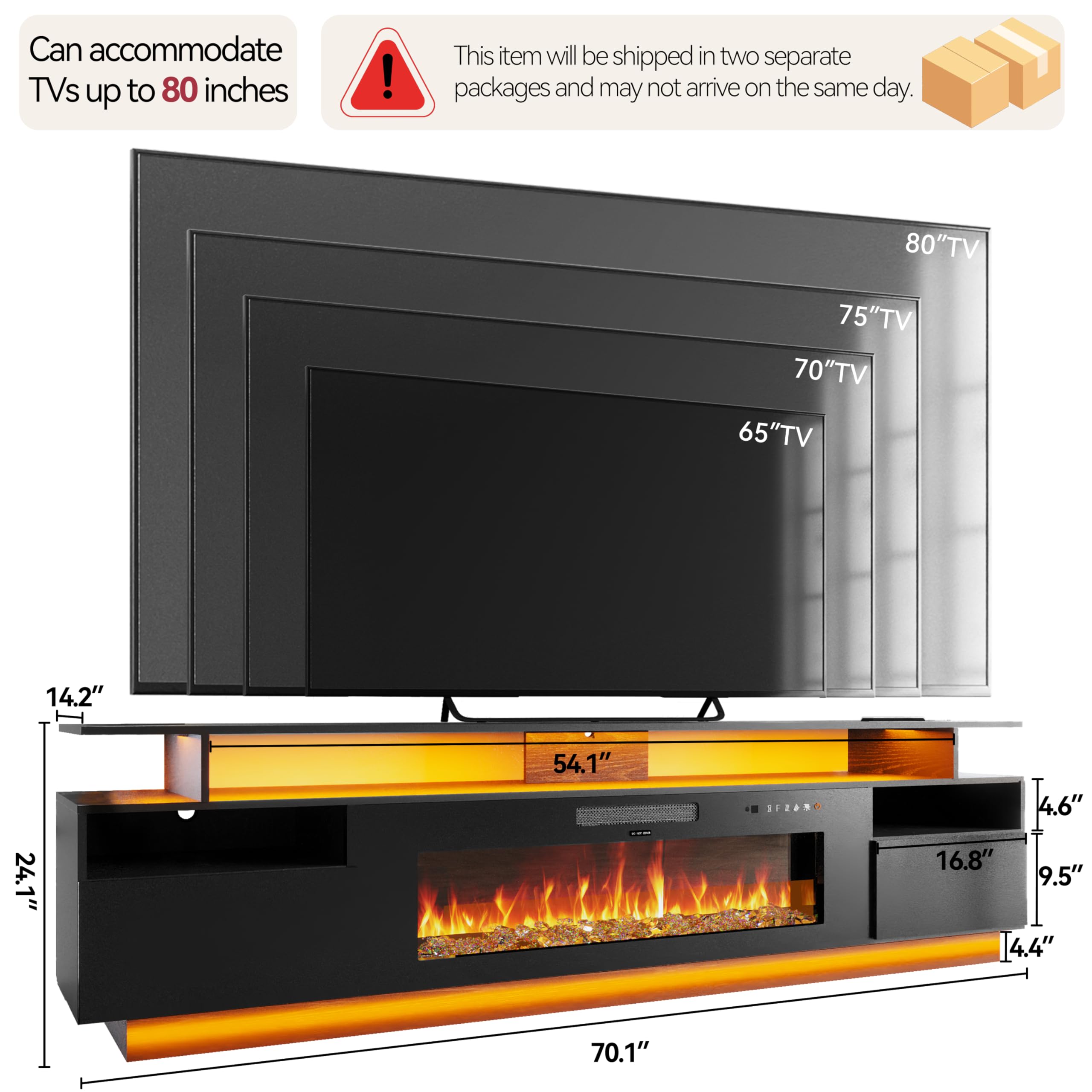 70" Electric Fireplace TV Stand with LED Lights