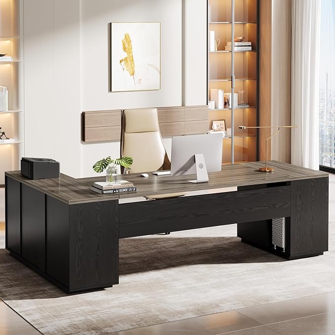 85.8-Inch L-Shaped Executive Desk with File Drawers and Cabinet