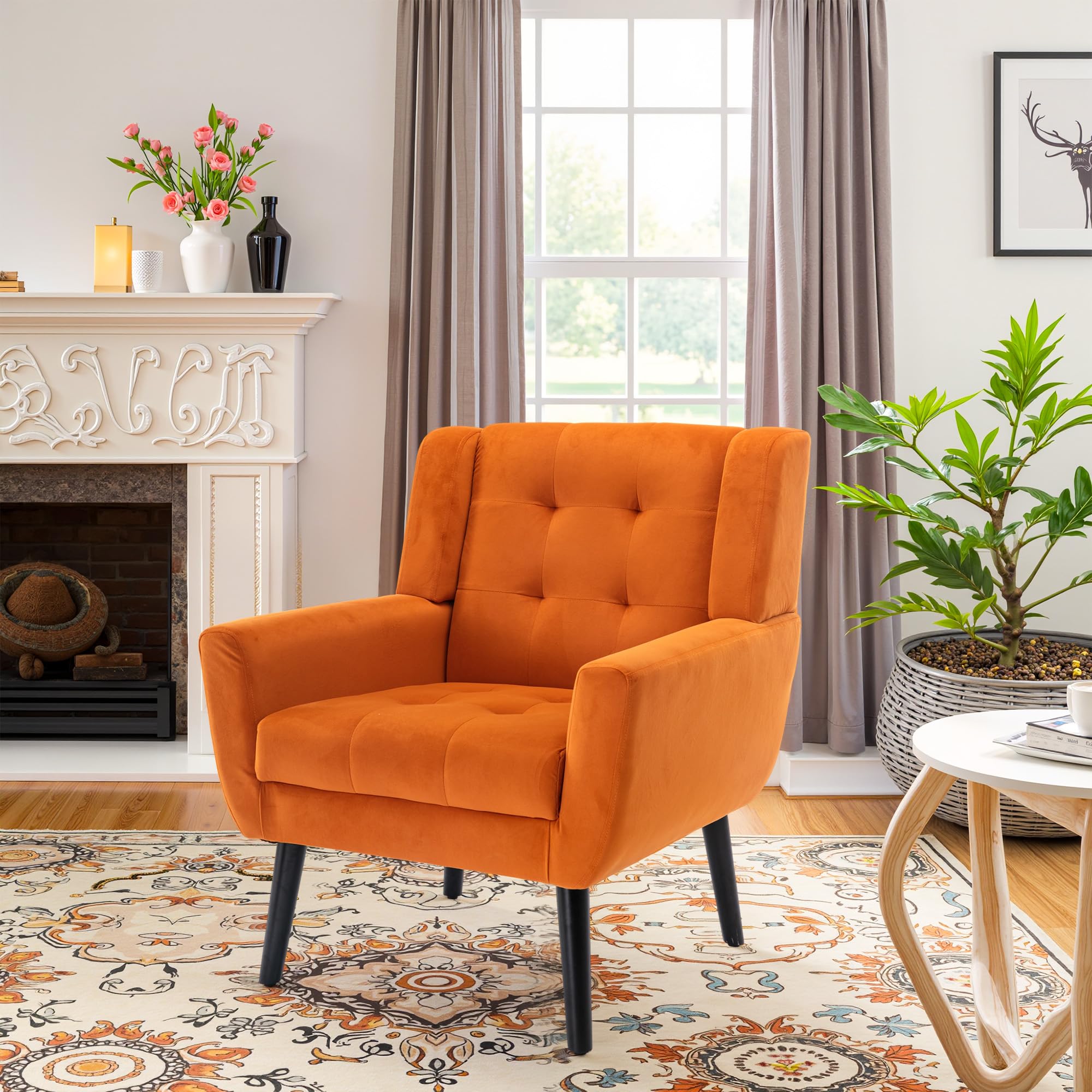 Mid Century Velvet Accent Chair with Wood Legs