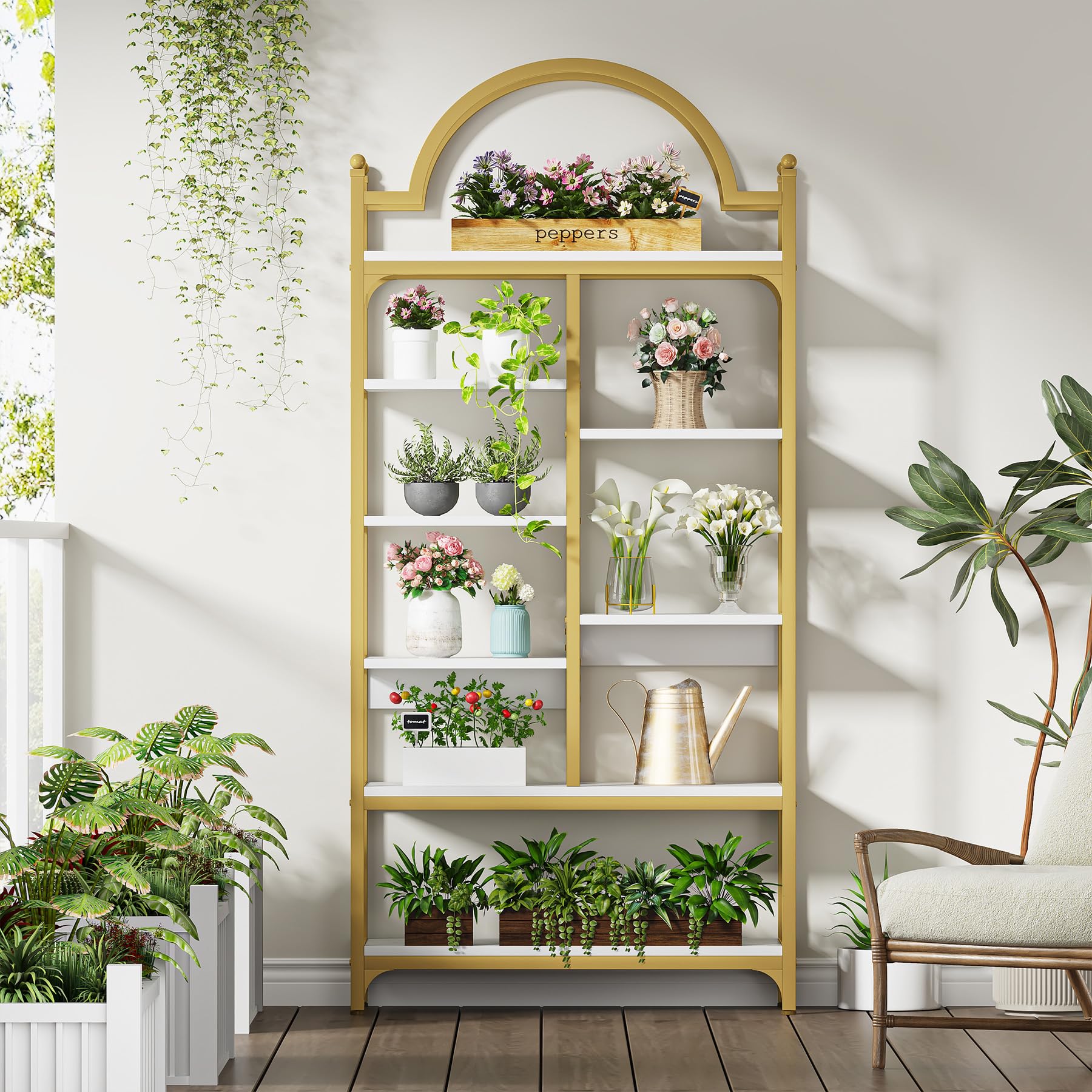 71 Inch Tall Gold Bookshelf 8-Tier Modern Arched Etagere